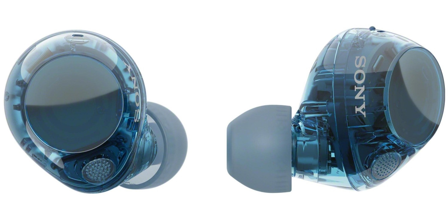 Dwa przezroczyste, niebieskie wkładki douszne, pokazujące wewnętrzne elementy, na białym tle.