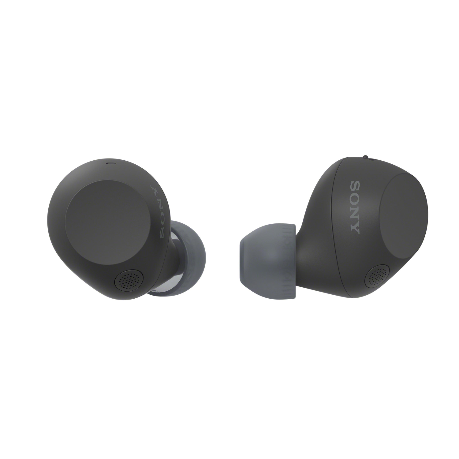Two black Sony earbuds, positioned side-by-side, facing forward. Grey ear tips visible.