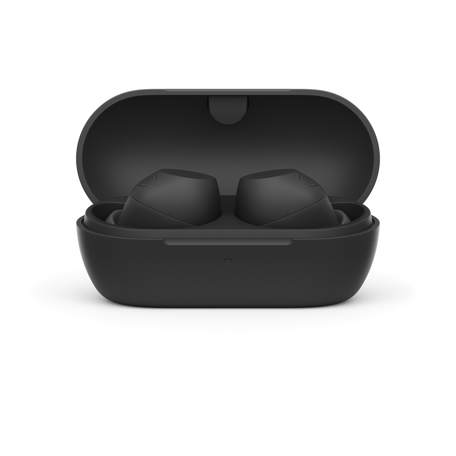 Black Sony earbud case open, showing two black earbuds inside.