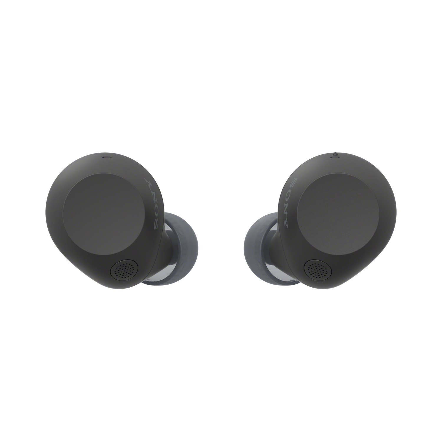 Two black earbuds with a gray tip, seen closely on a white background.