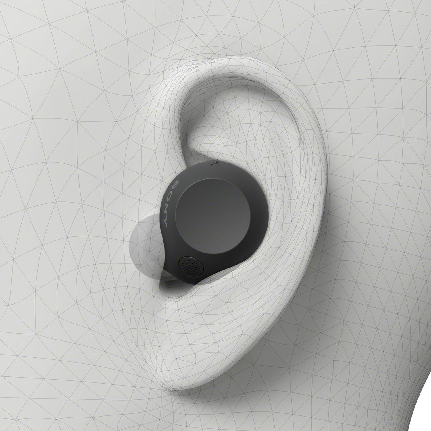 Earbud in an ear model. The earbud is gray and marked with 'SONY'. The model is white.