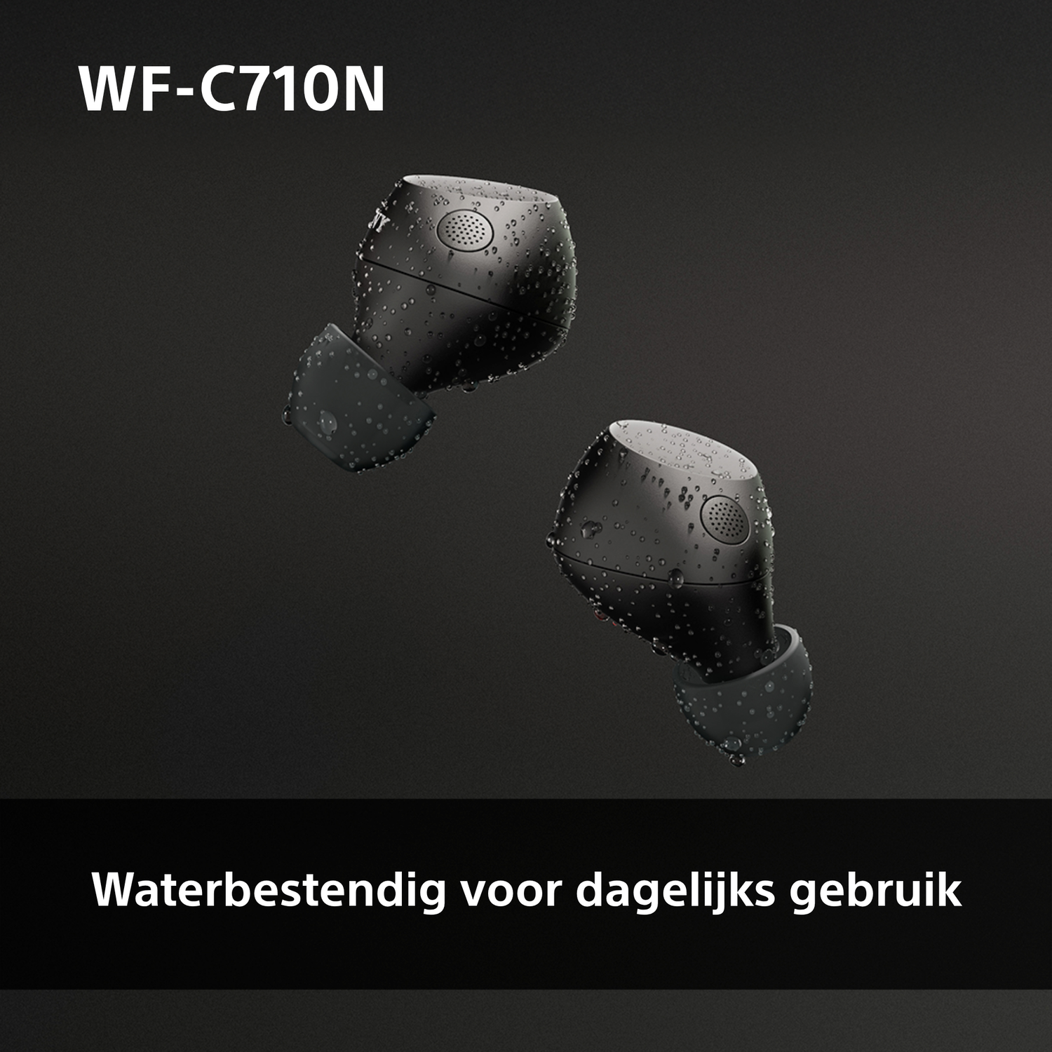 Black earbuds with water droplets on a dark background.
