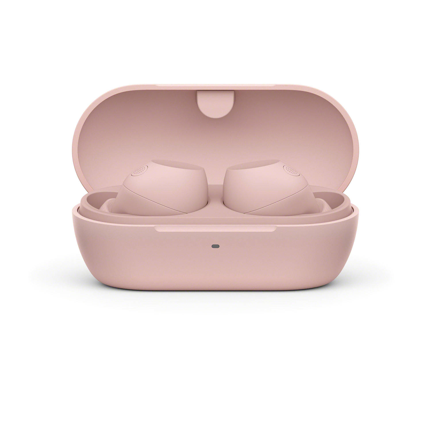 Roze oordopjes in een roze etui. De etui is open, de oordopjes zijn zichtbaar.