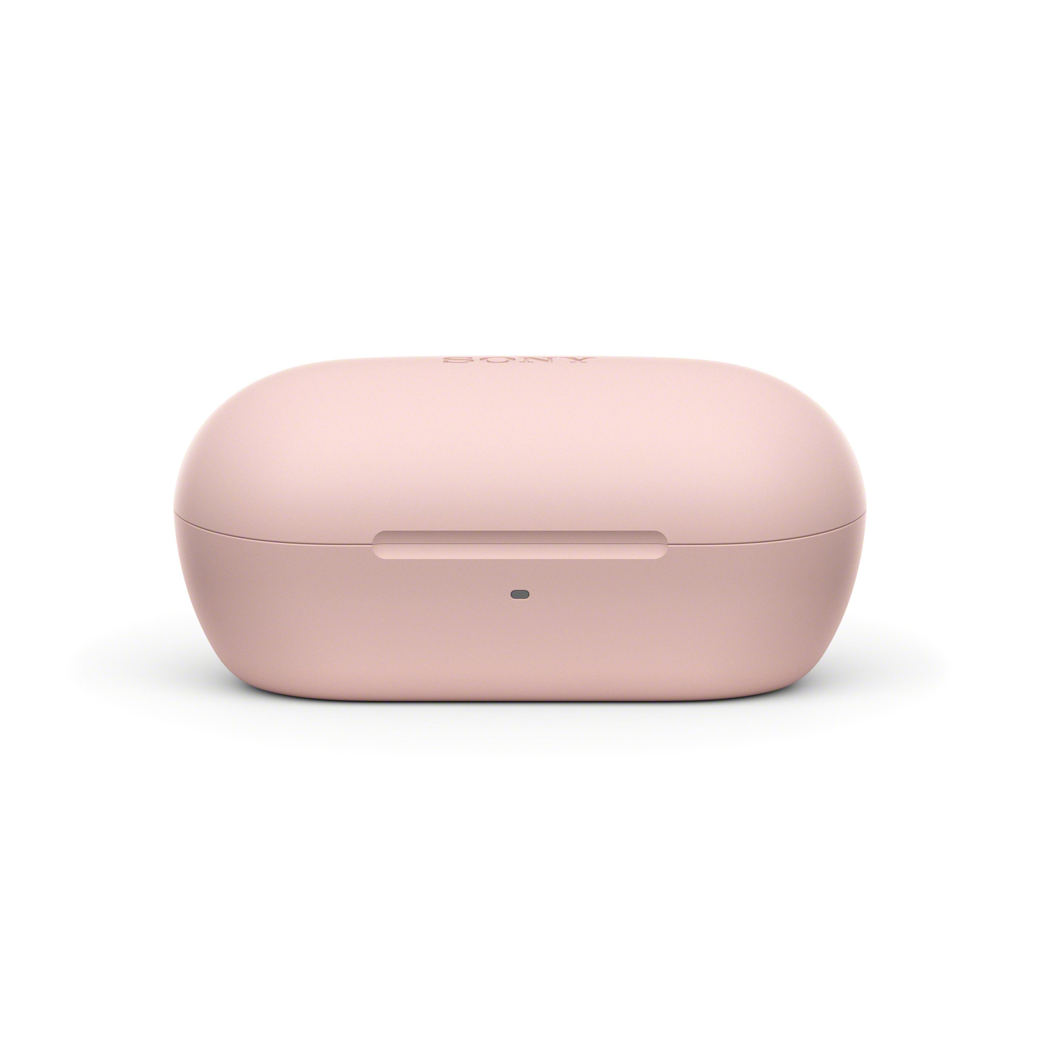 Roze Sony oordopjescase gesloten, studio-opname, geïsoleerd op witte achtergrond.