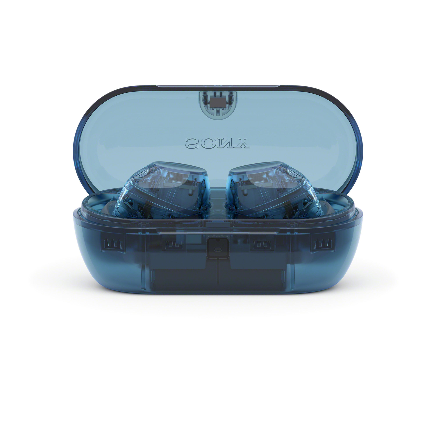 Open blue transparent charging case with two white earbuds inside.