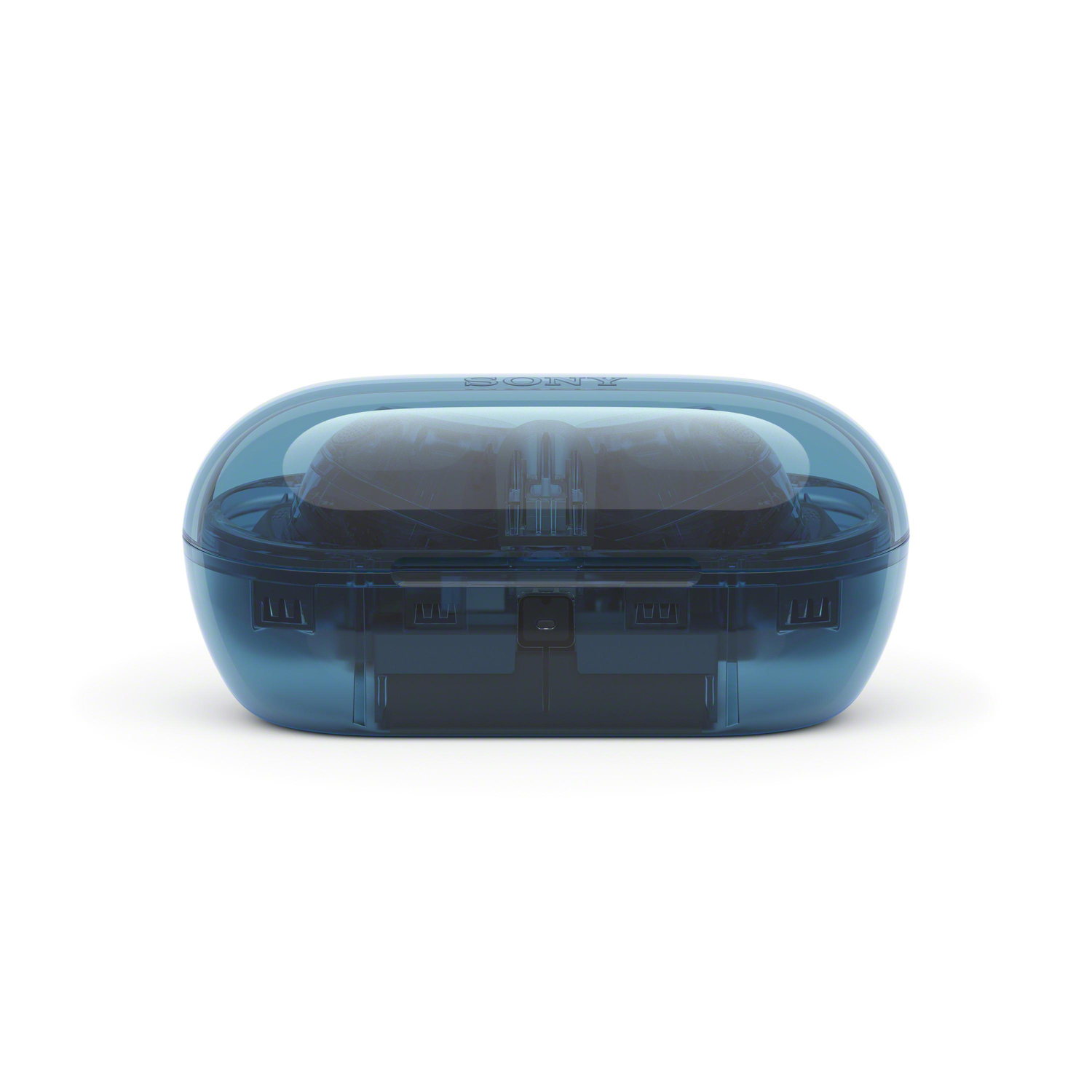 Blue translucent earbuds charging case, showcasing internal components.