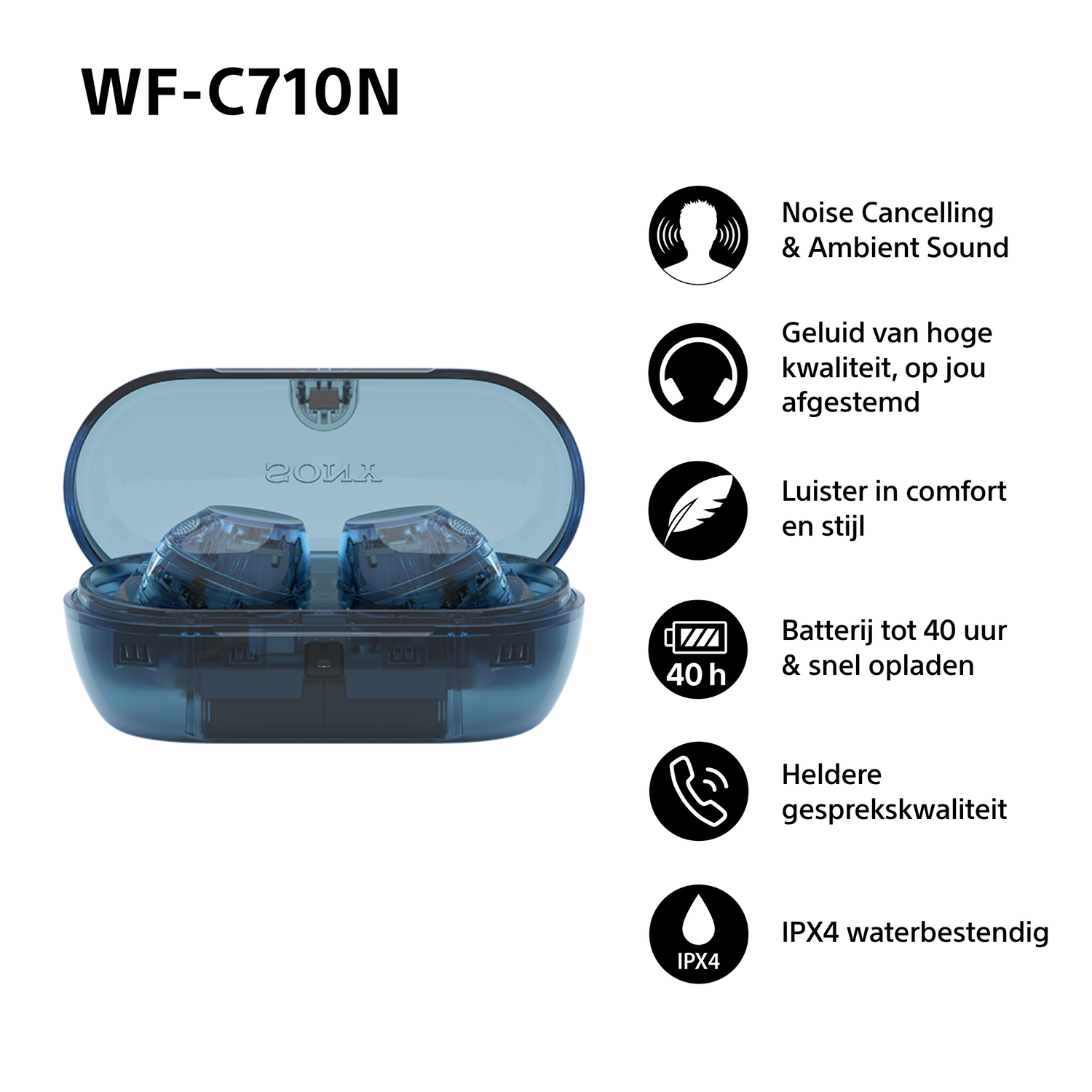Earbuds in a blue case with icons and text. The earbuds are visible inside the case.