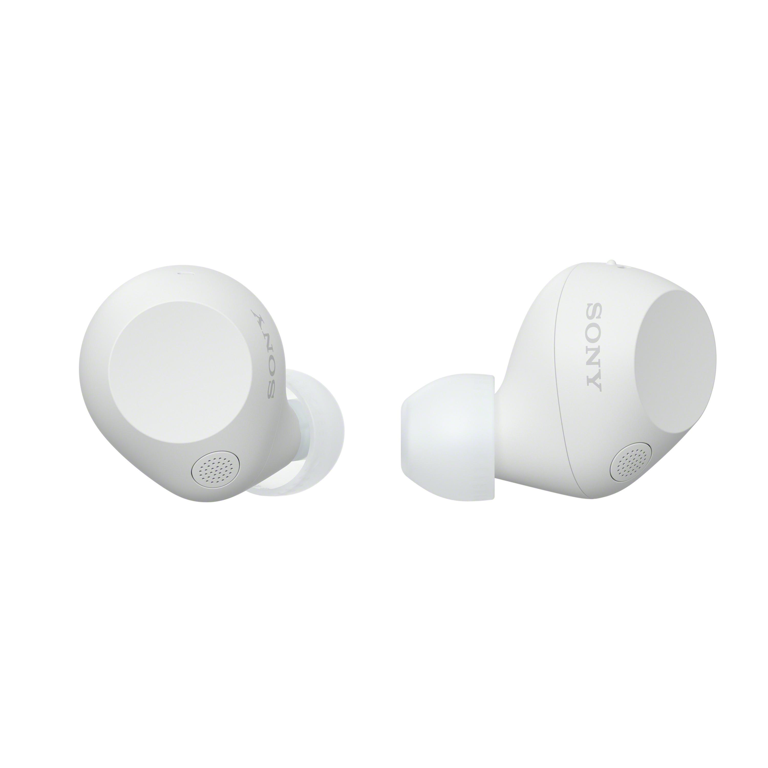 White Sony earbuds, studio shot, isolated on white, angled view.