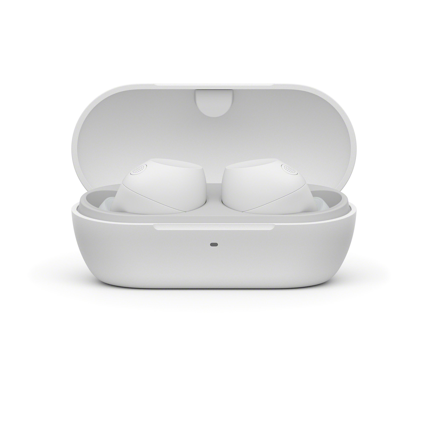 A pair of white earbuds in a white charging case, on a white background.