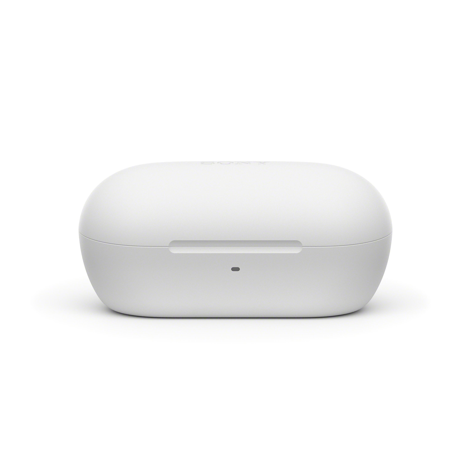 White earbud charging case. Rounded shape with a small indicator light.