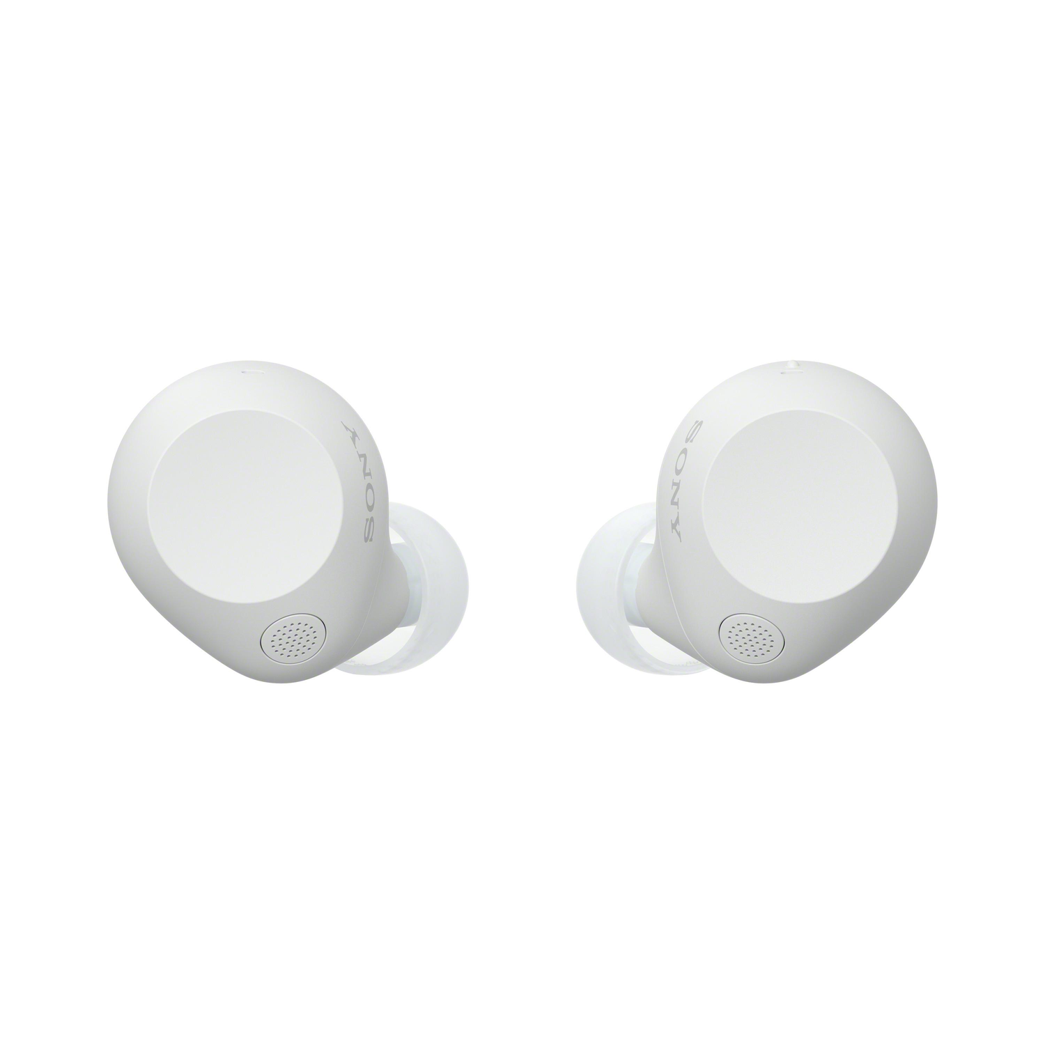 Two white earbuds on a white background. Each earbud has the brand name 