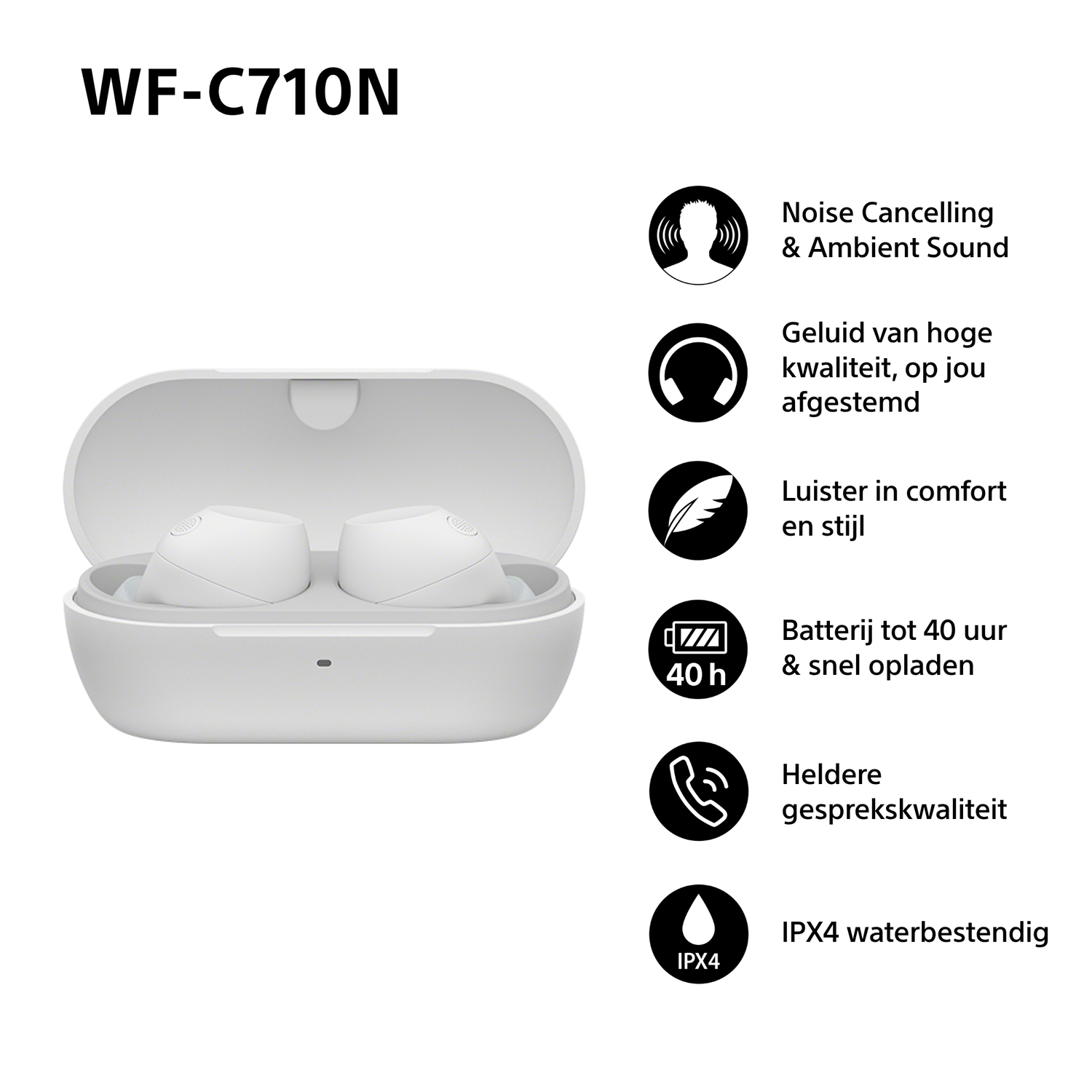 White earbuds and charging case with text and icons.