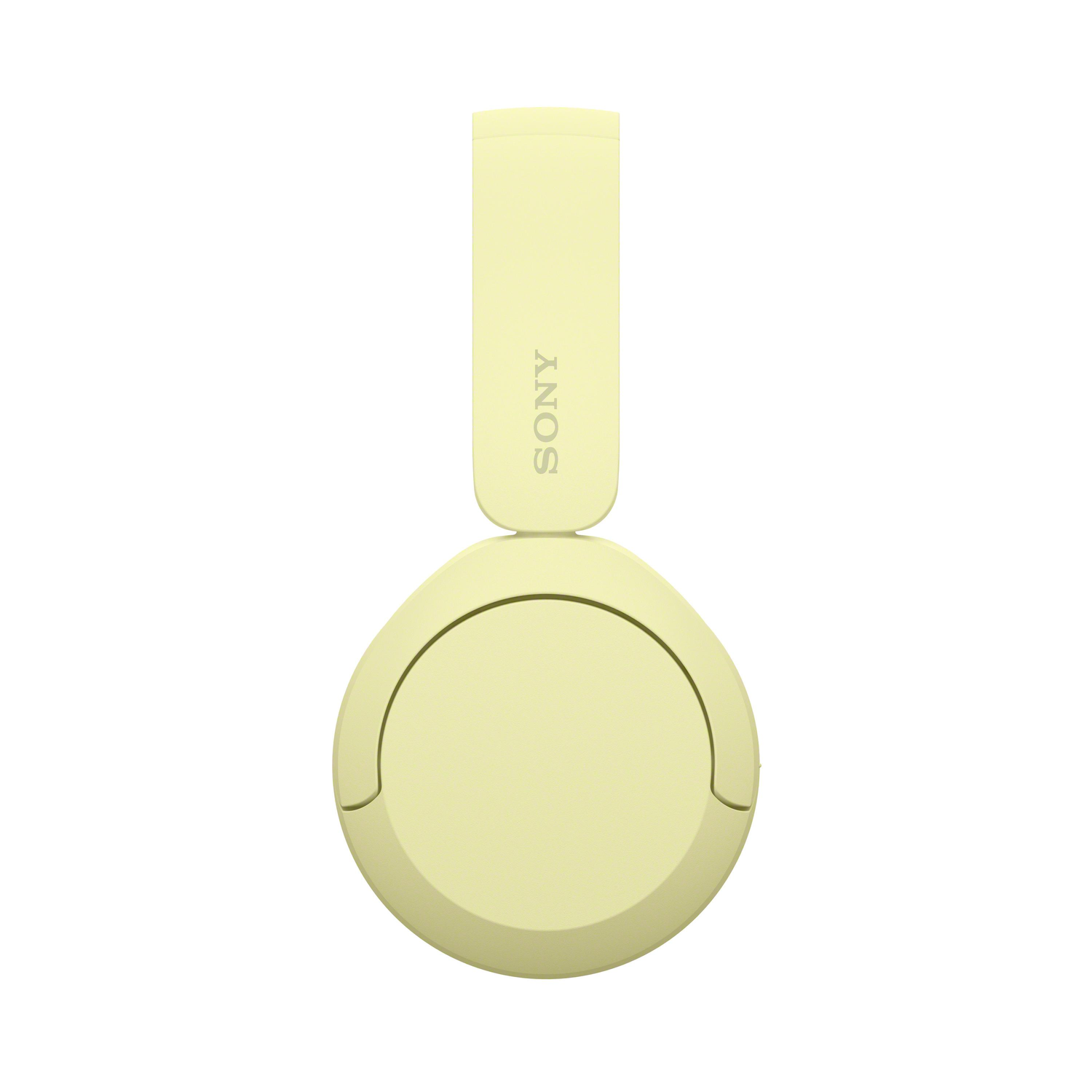Yellow Sony headphones, front view. The headphones are folded and have the Sony logo.