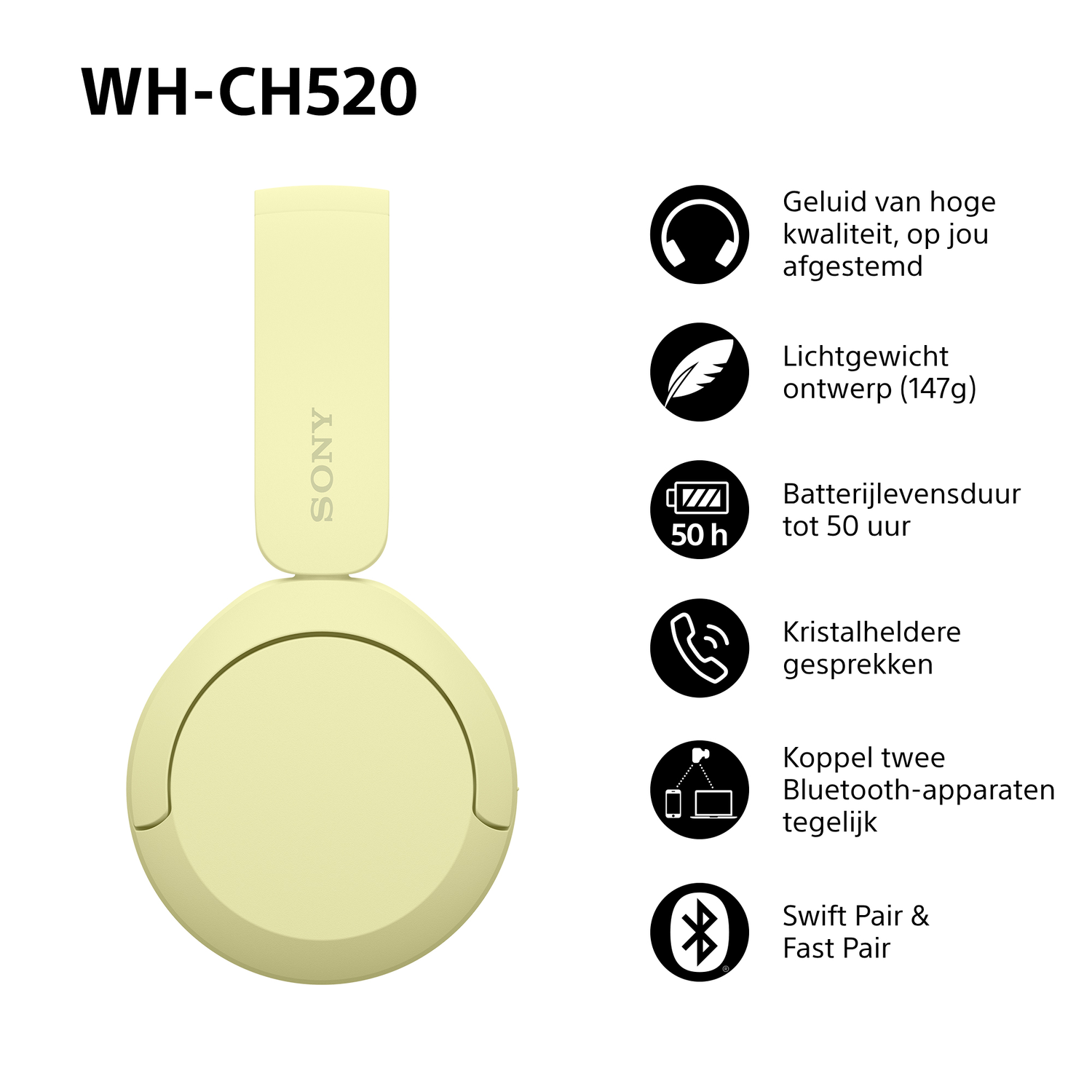 Headphones with features icons. Icons represent sound quality, lightweight design, battery life, and others.