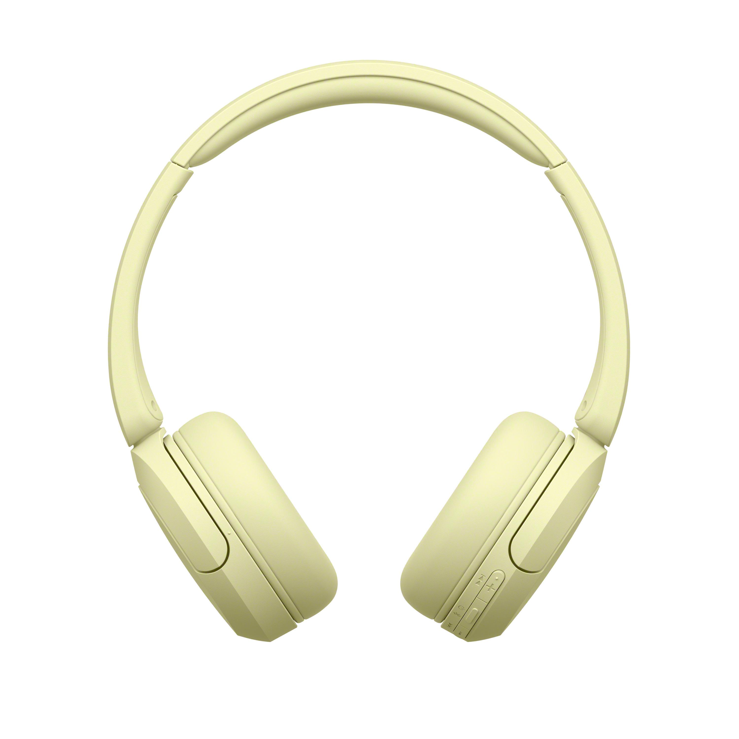 A pair of yellow over-ear headphones, top view, on a white background.