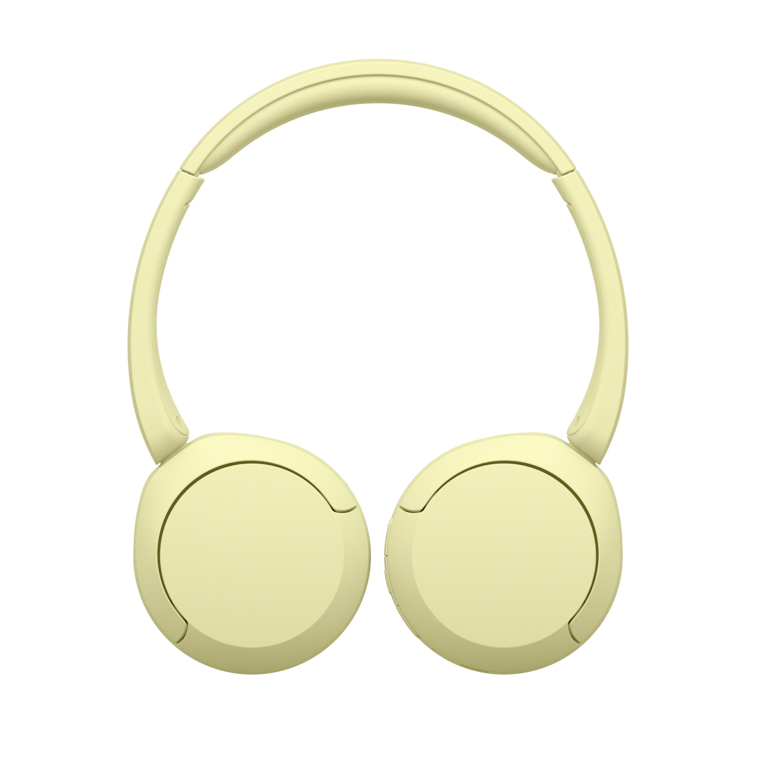 Yellow headphones, circular ear cups connected by a headband.