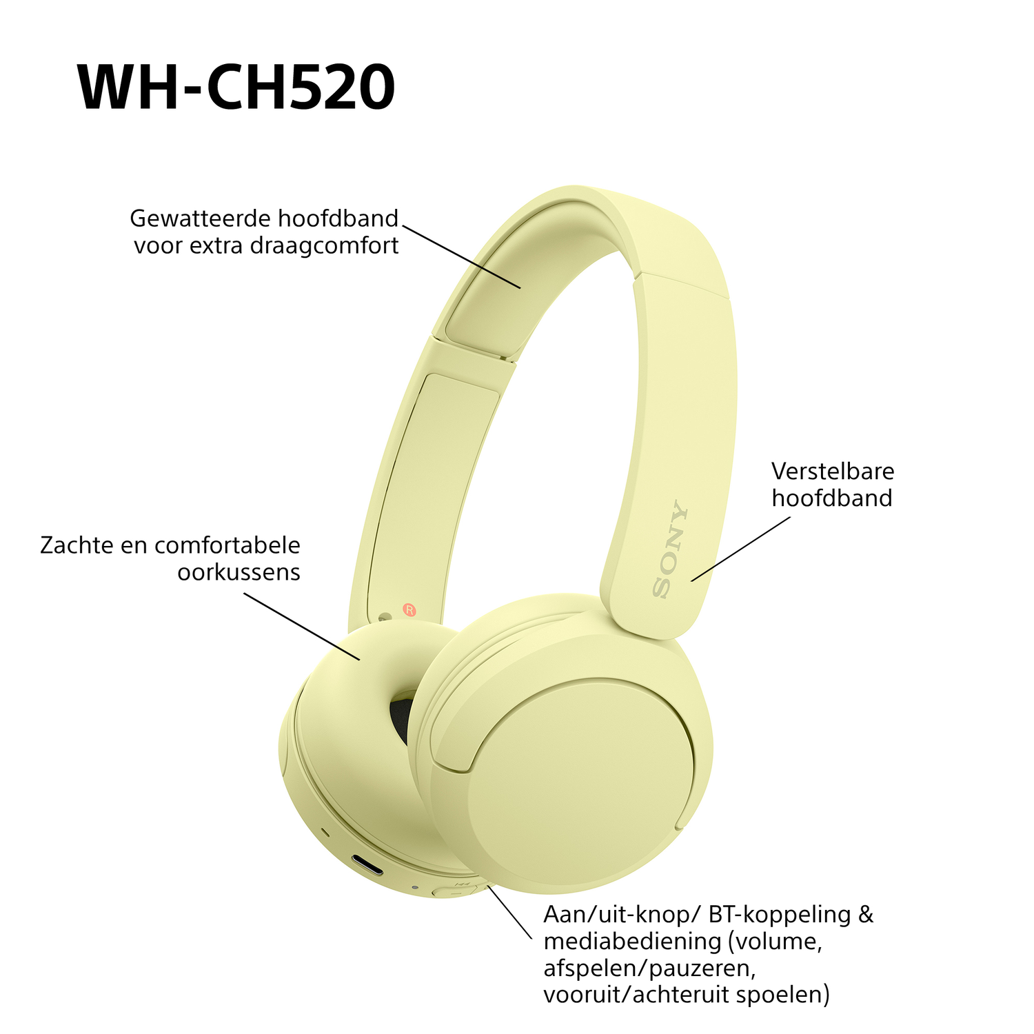 Yellow headphones with labels.  Features include adjustable headband and soft ear cushions. Includes control buttons.