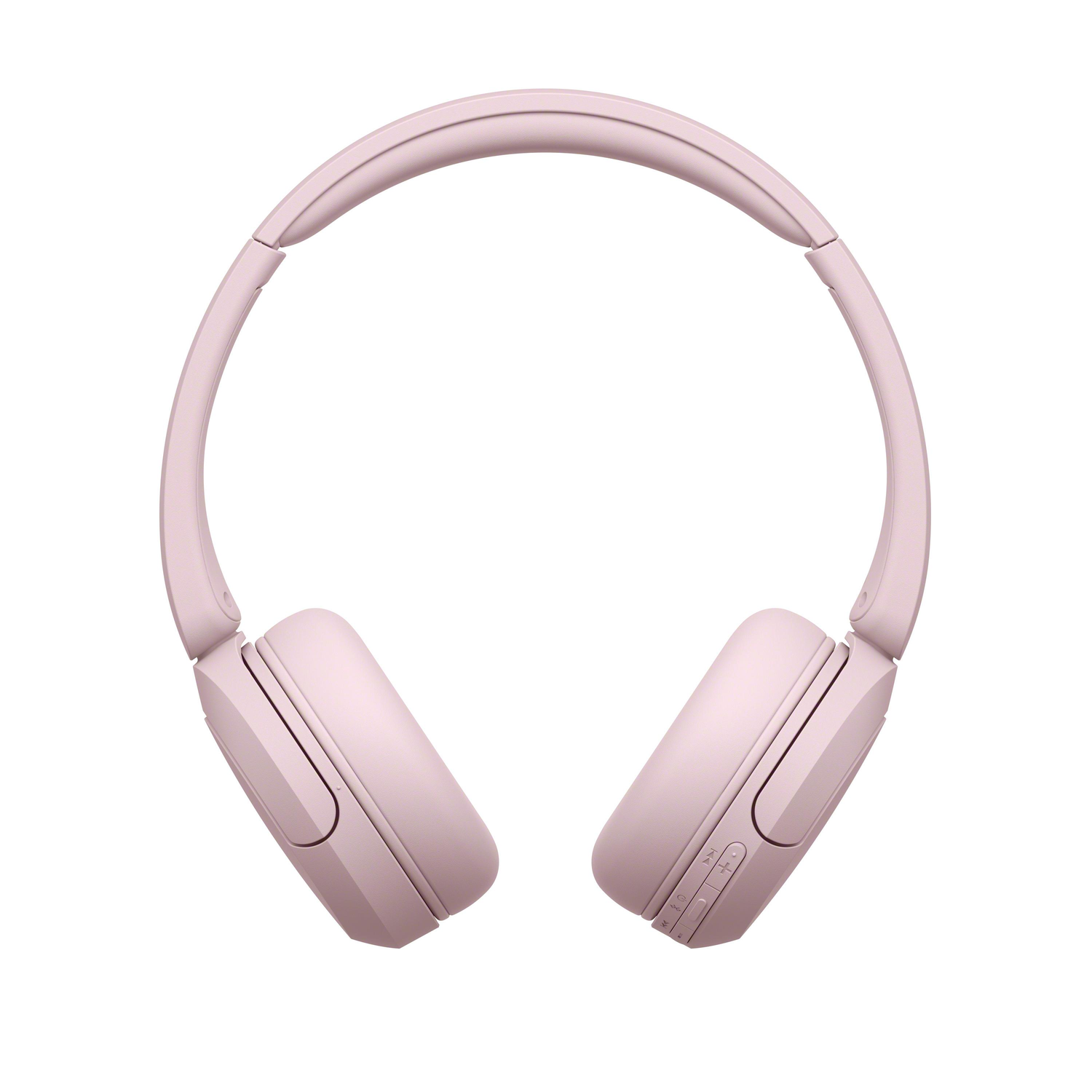 Roze koptelefoon, bovenaanzicht, op witte achtergrond, knoppen zichtbaar.