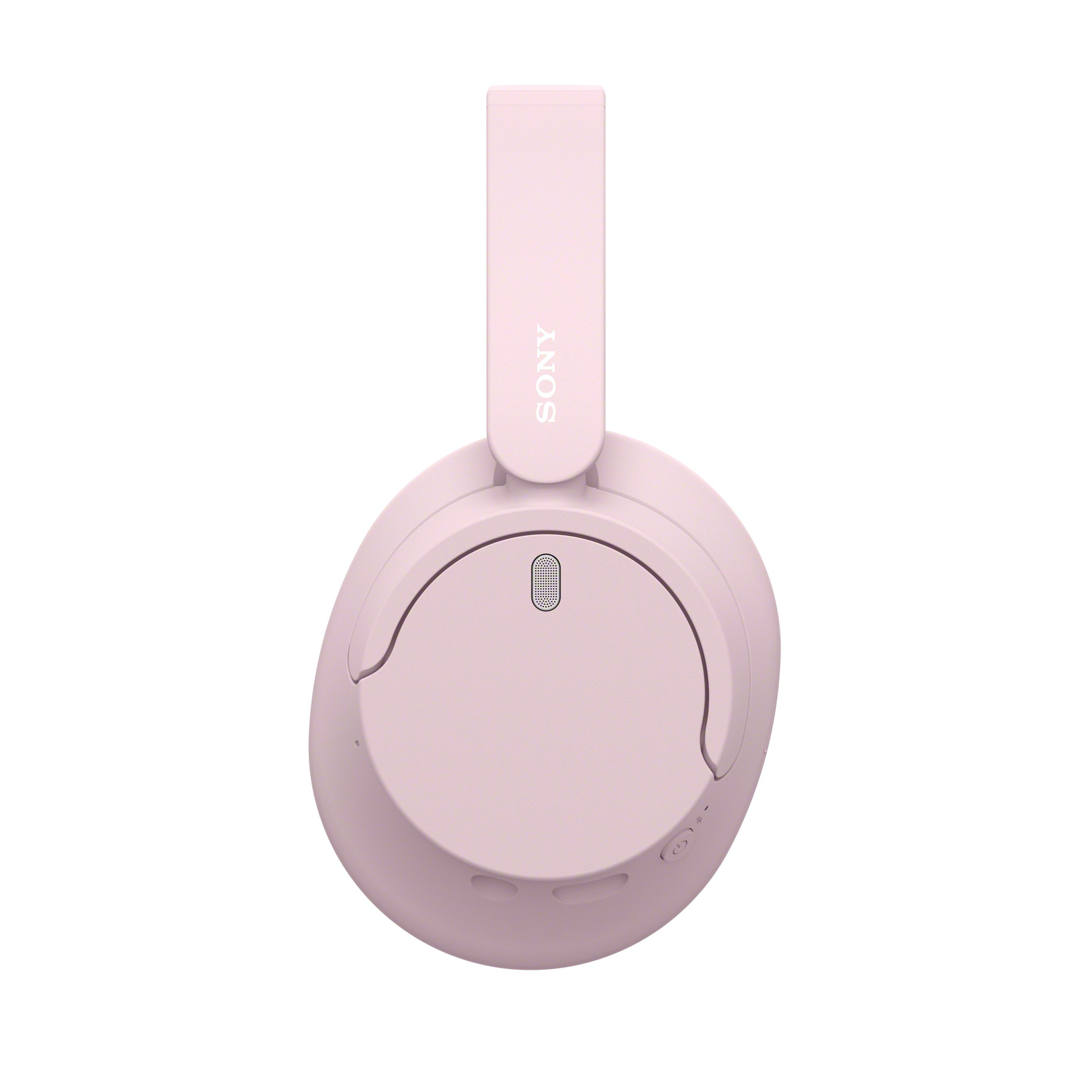 Pink Sony headphones. Top view, white background. Clear design, focused shot.