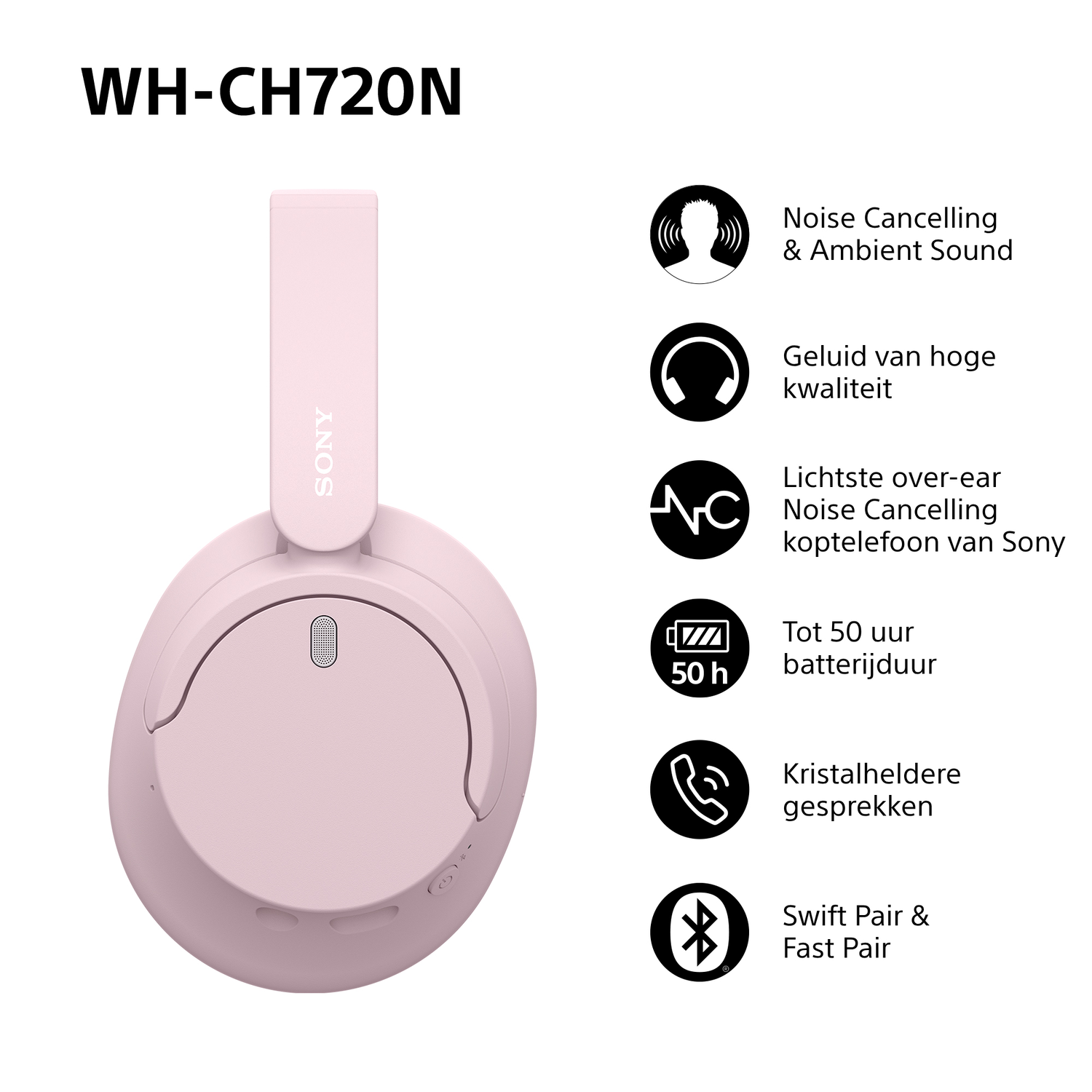 Pink headphones with labels: noise cancelling, sound quality, battery life, crystal clear calls.