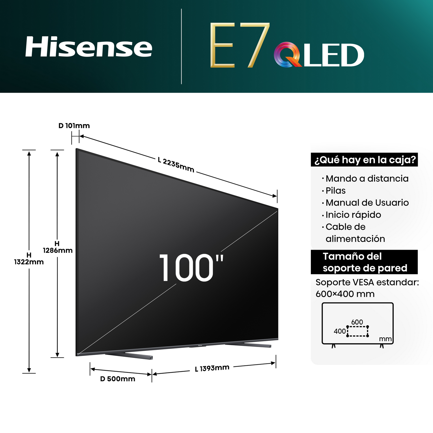 Diagrama de un televisor grande con dimensiones y una guía de montaje VESA.