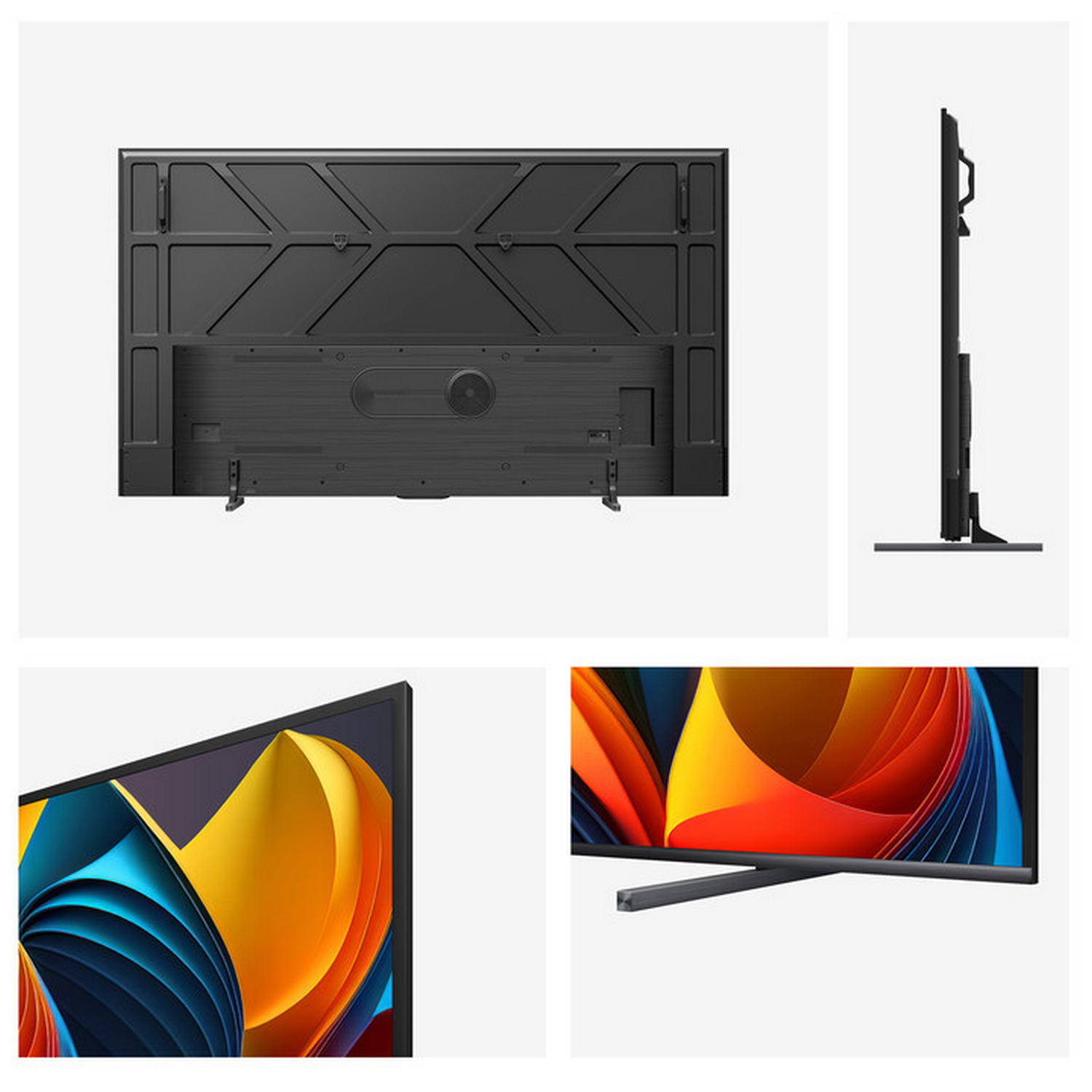 Pantalla de TV con una imagen abstracta colorida y varias vistas del televisor desde diferentes ángulos.