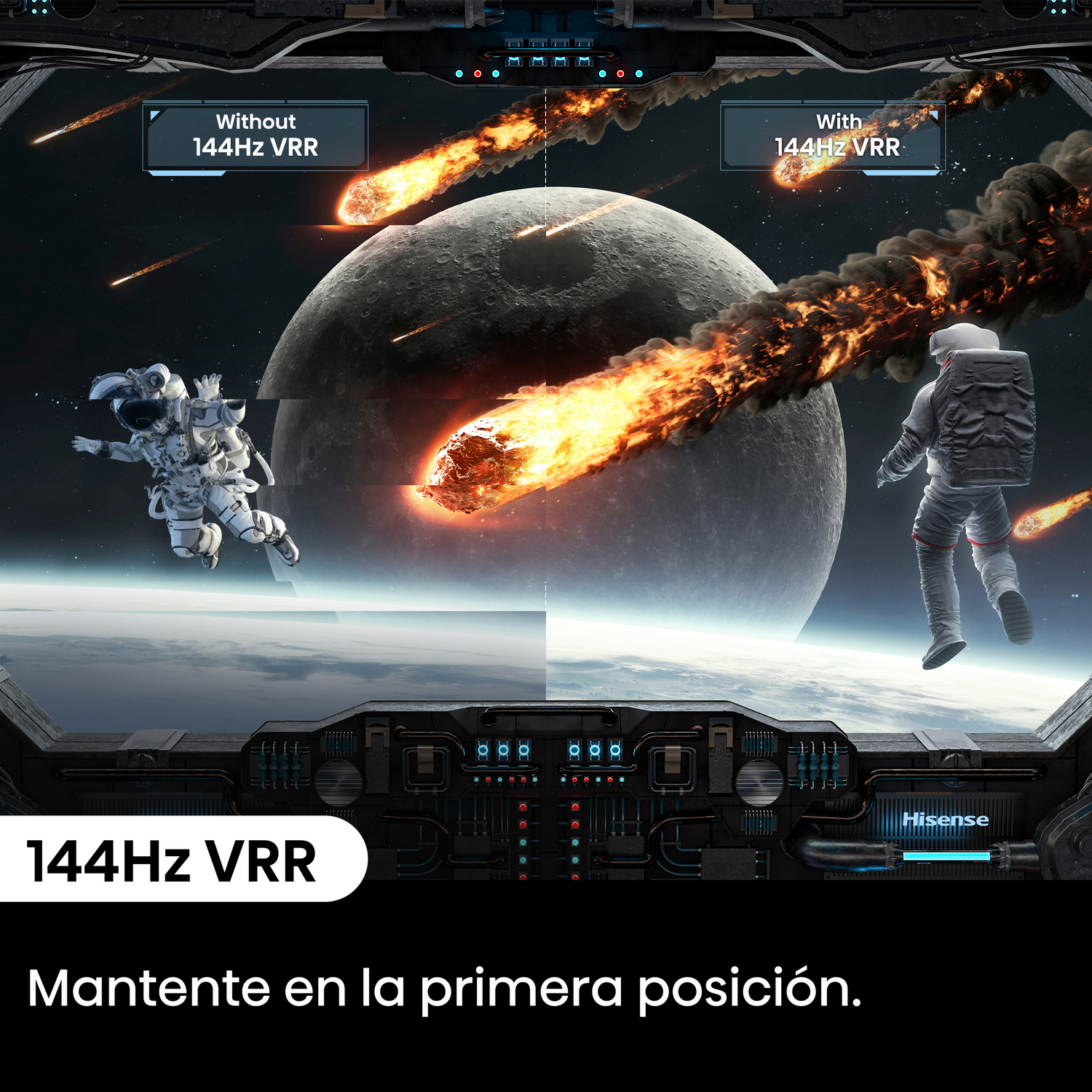 Un astronauta, una luna y meteoritos en el espacio. El texto dice: "144Hz VRR" y "Mantente en la primera posición".