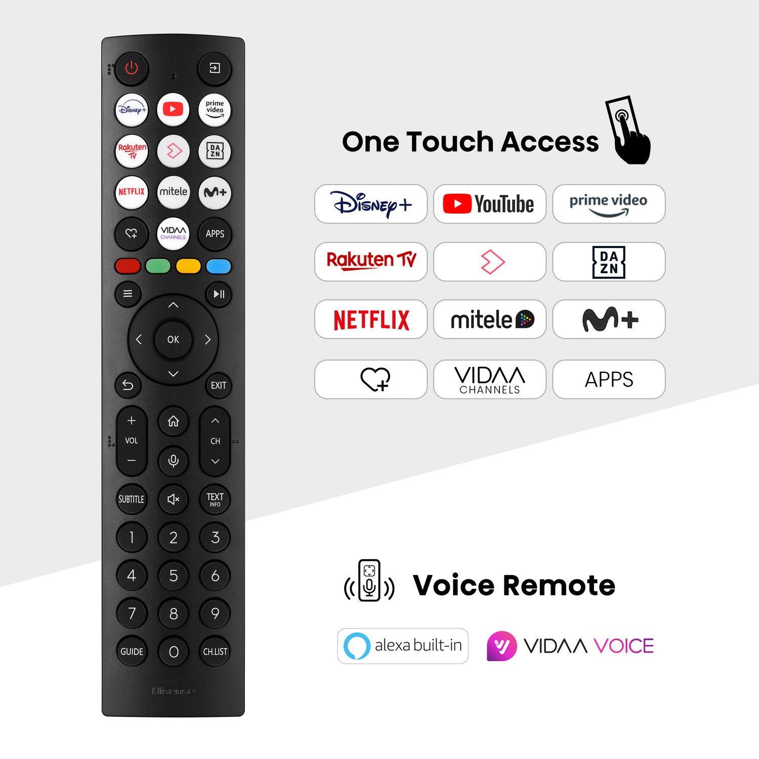 Mando a distancia negro con iconos de aplicaciones para Disney+, Netflix, etc.