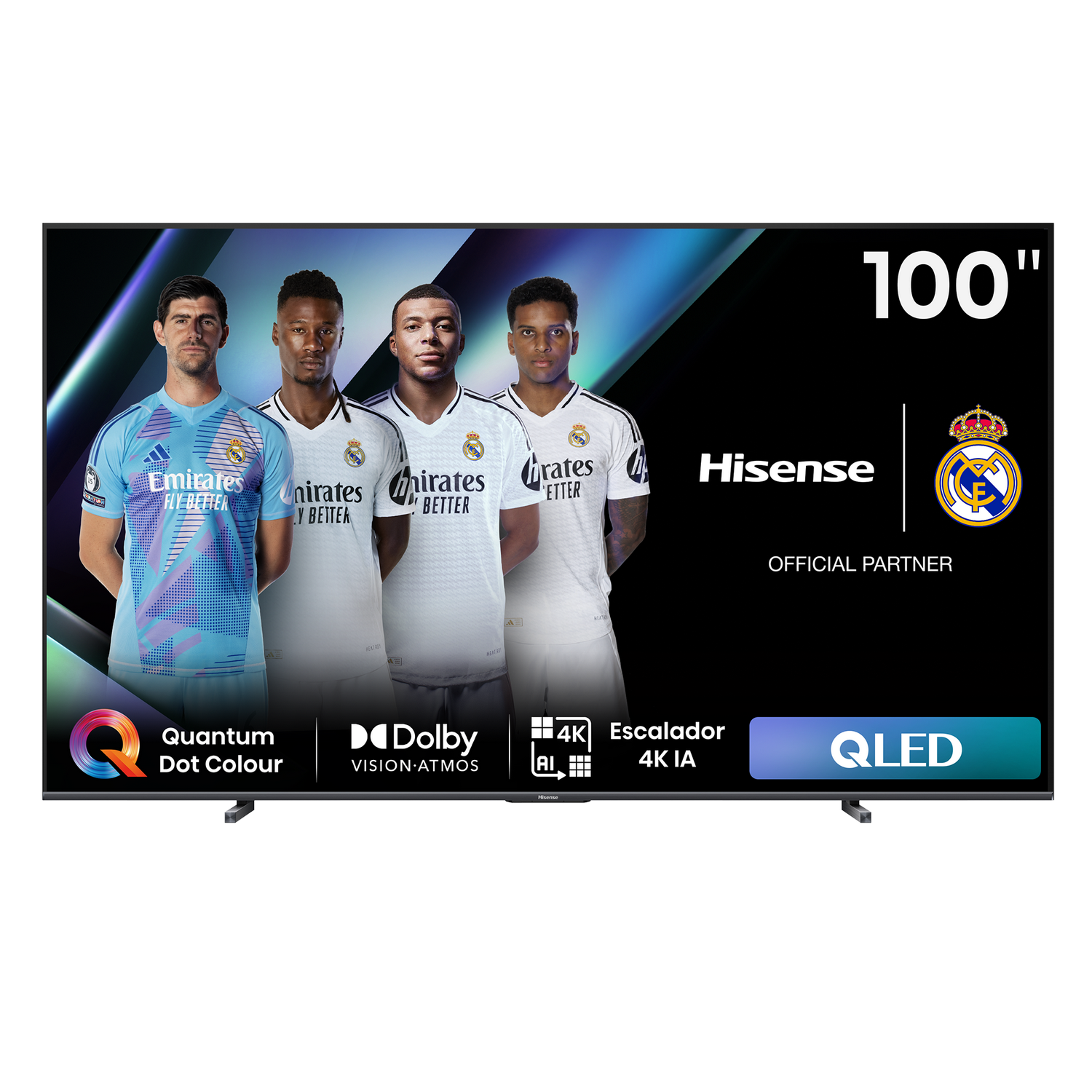 TV Hisense de 100 pulgadas con futbolistas y patrocinadores.