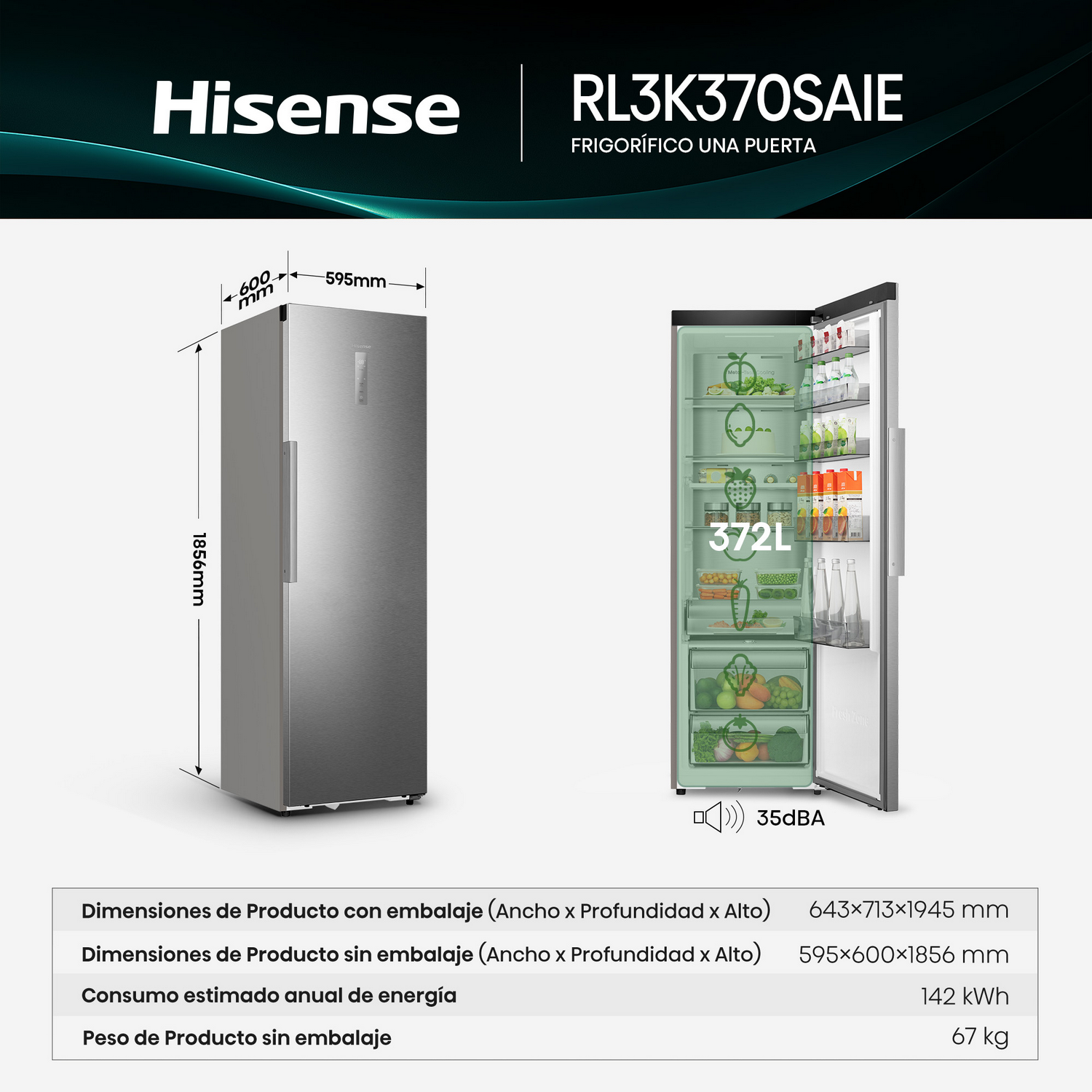 Refrigerador Hisense con puerta abierta. Muestra el interior con estantes y verduras.