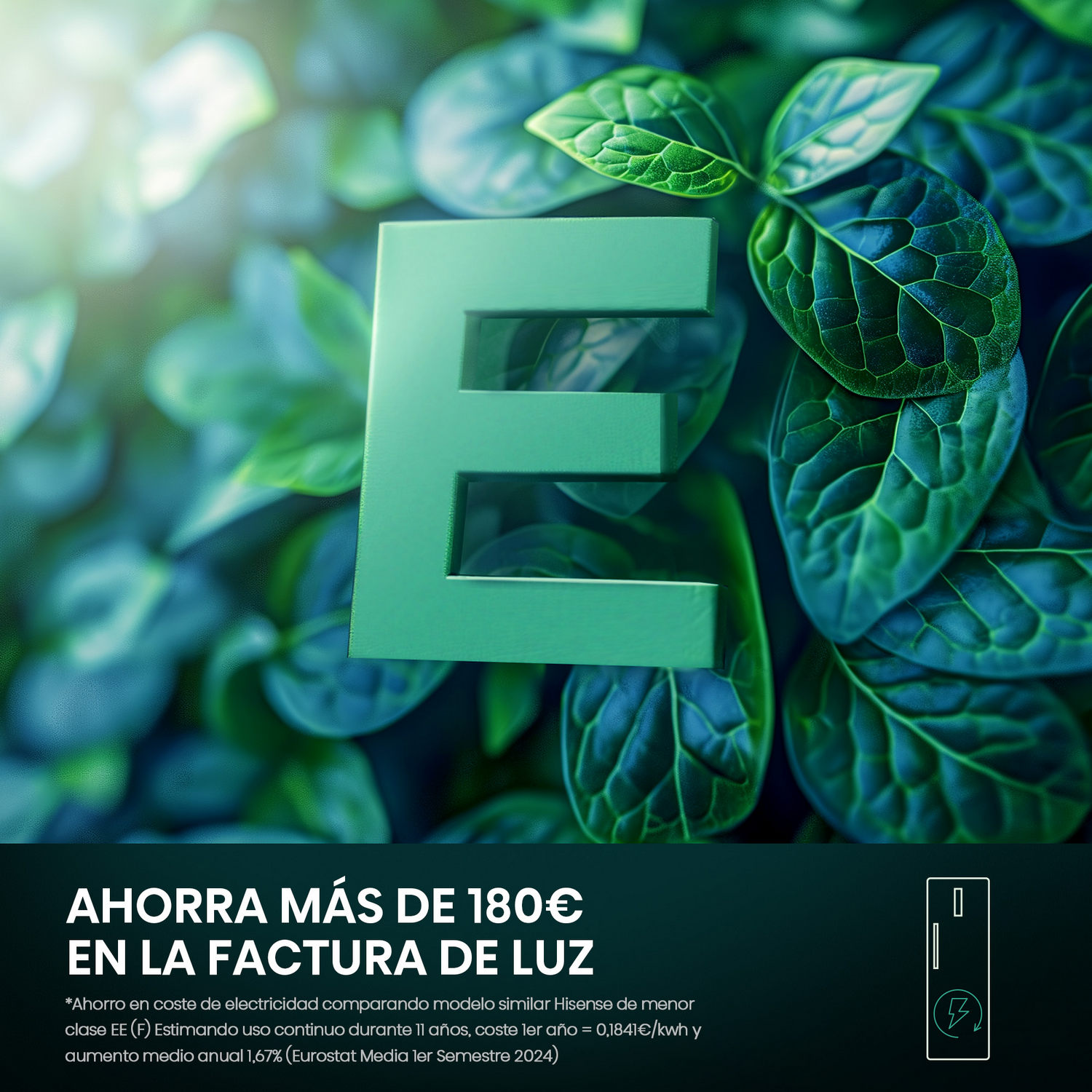 'E' verde sobre hojas, texto: Ahorra más de 180€ en tu factura de luz.
