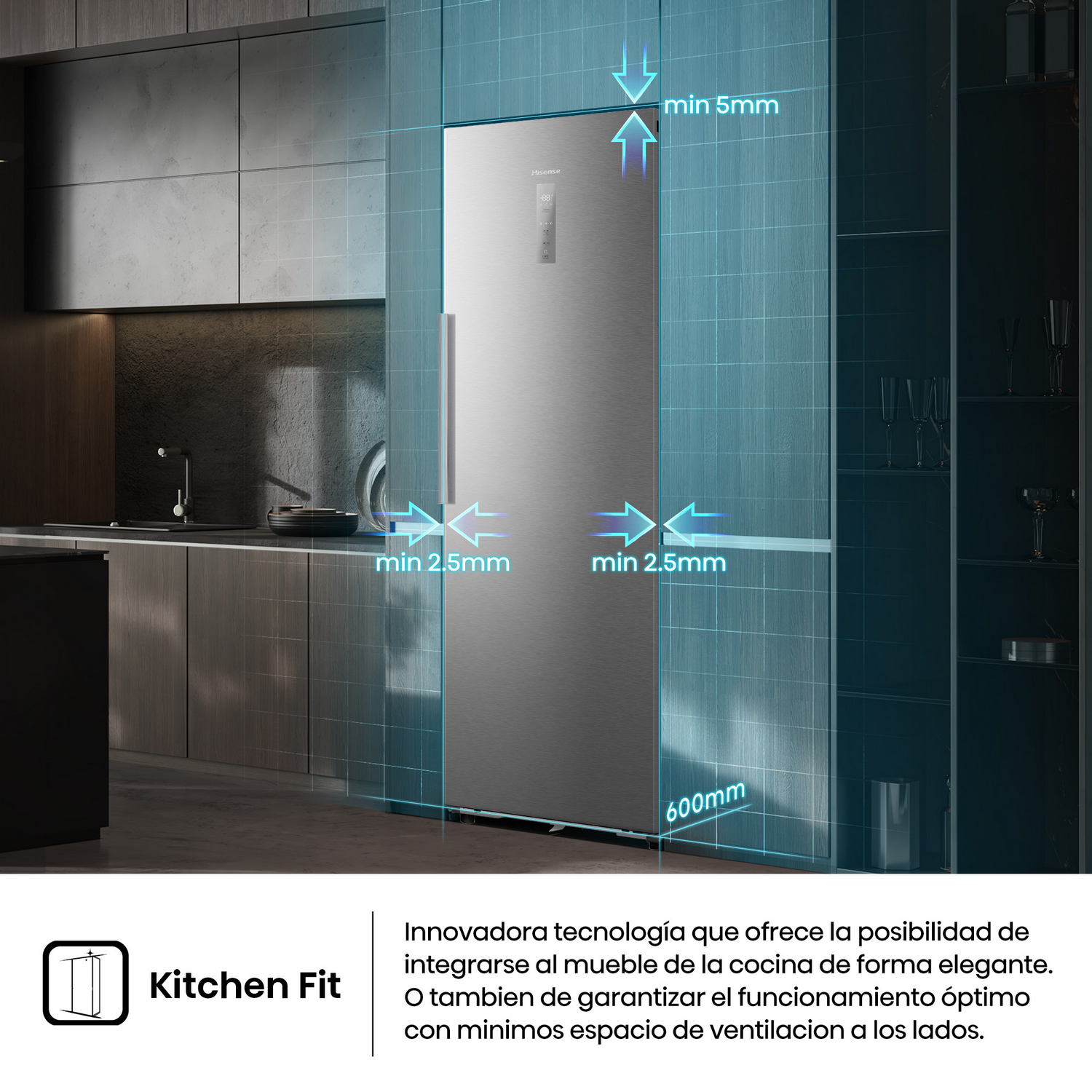 Frigorífico de acero inoxidable integrado en una cocina. Flechas azules indican requisitos mínimos.