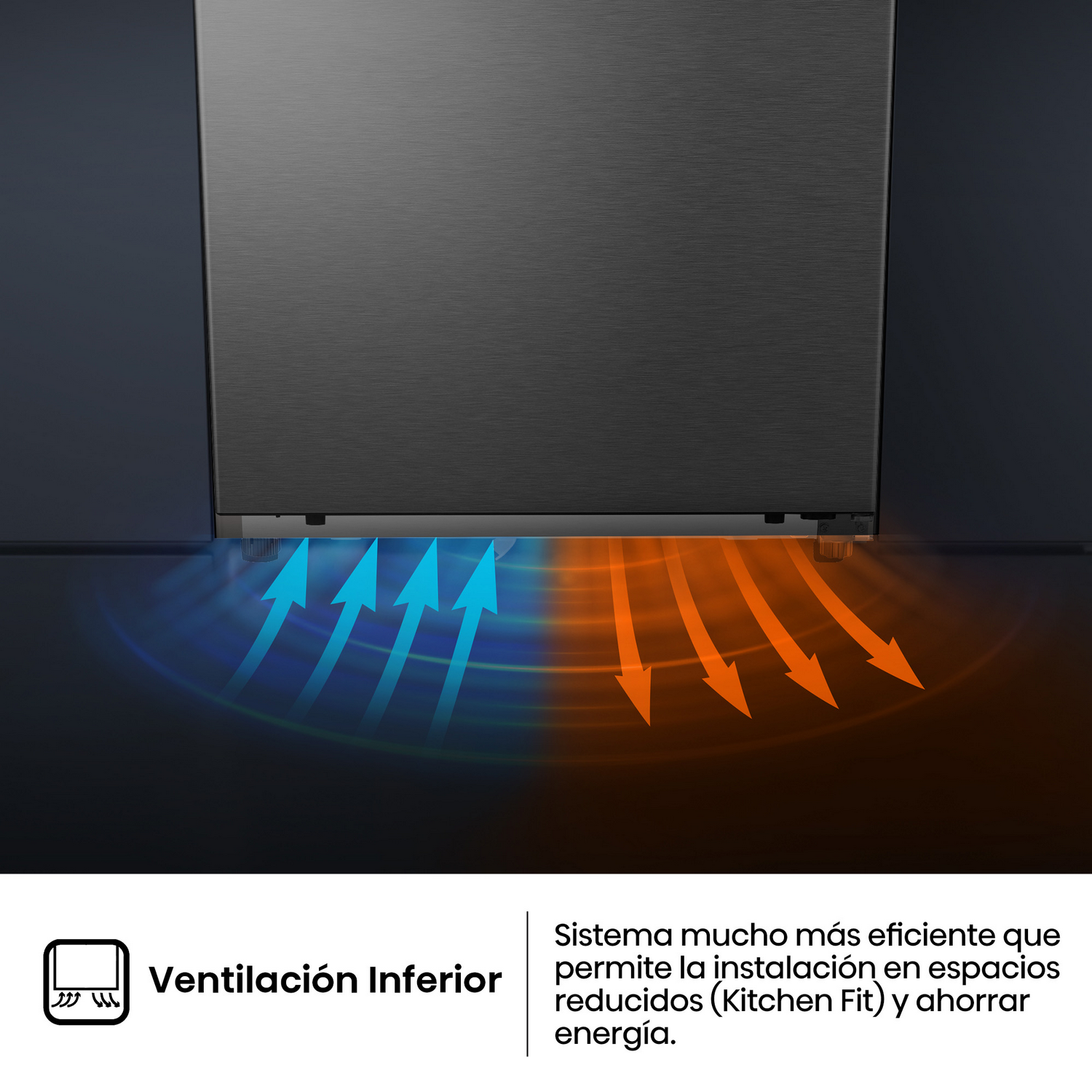 Electrodoméstico negro con flechas azules y naranjas, texto y descripción.