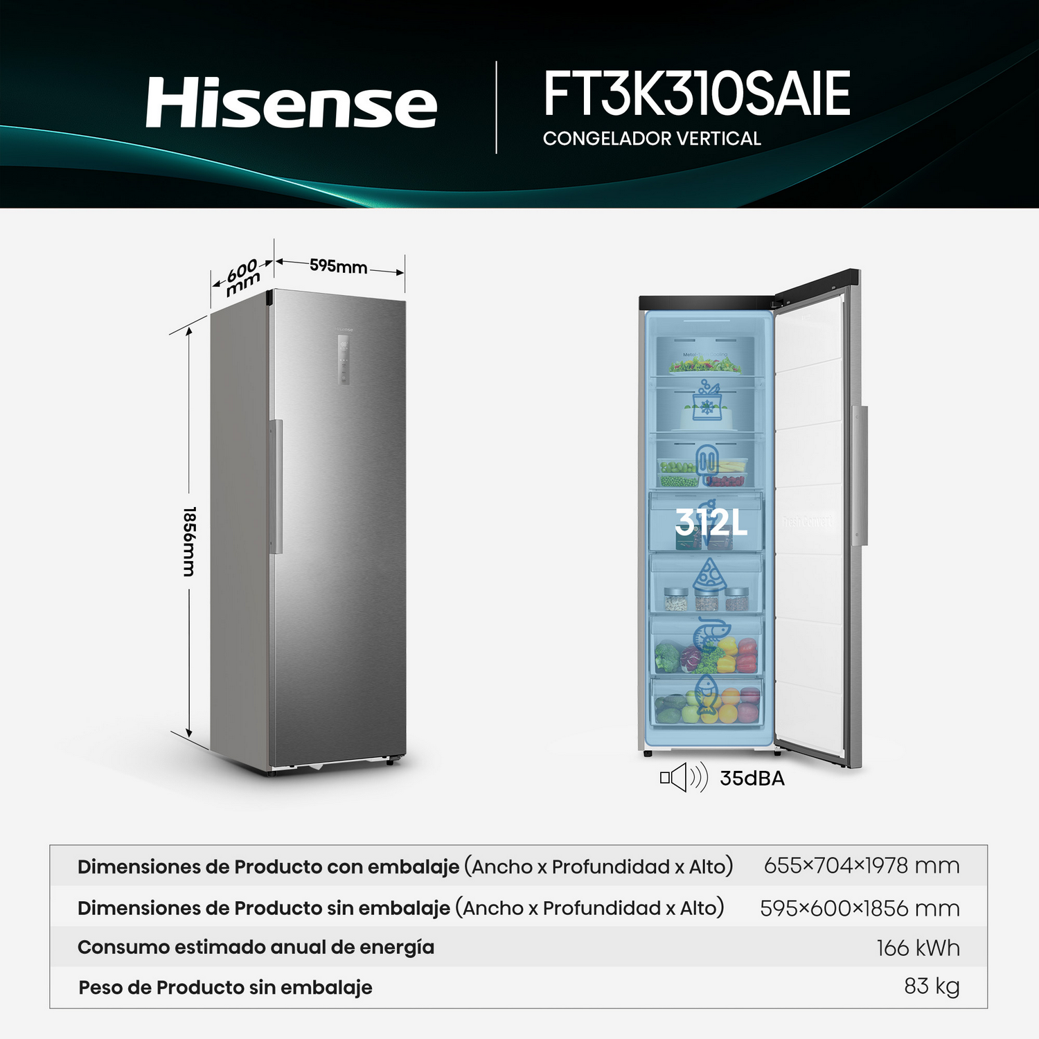 Un congelador vertical Hisense plateado con dimensiones e información sobre un fondo blanco.