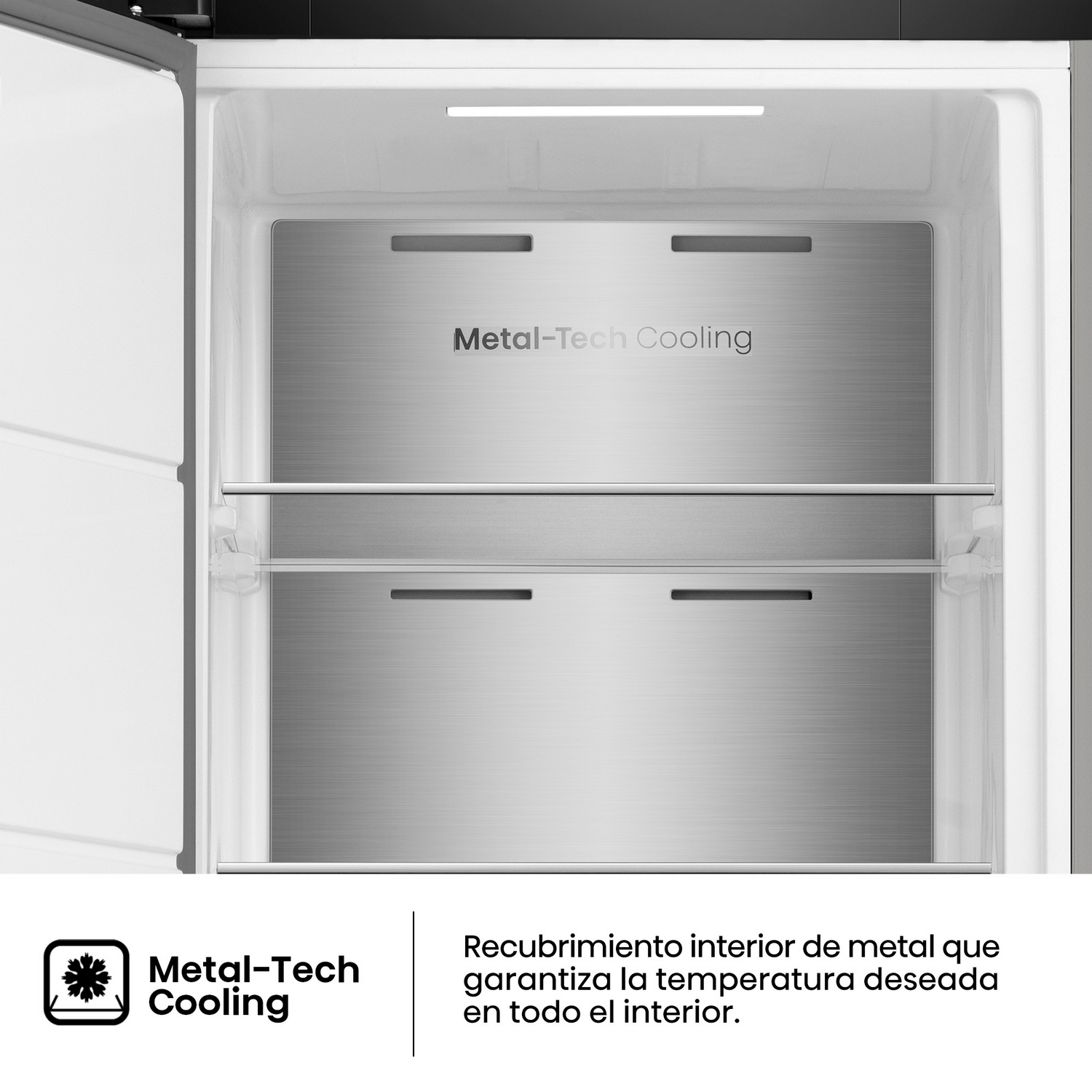 Interior del refrigerador con paneles y estantes de refrigeración Metal-Tech.