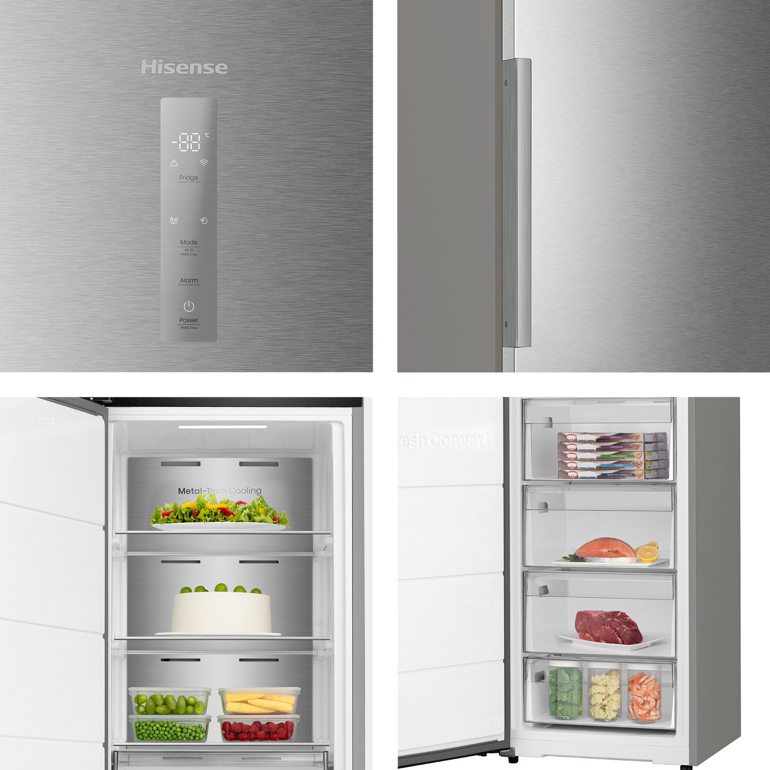 Nevera con panel de control y puertas abiertas. Contenedores de comida dentro. Acero inoxidable.