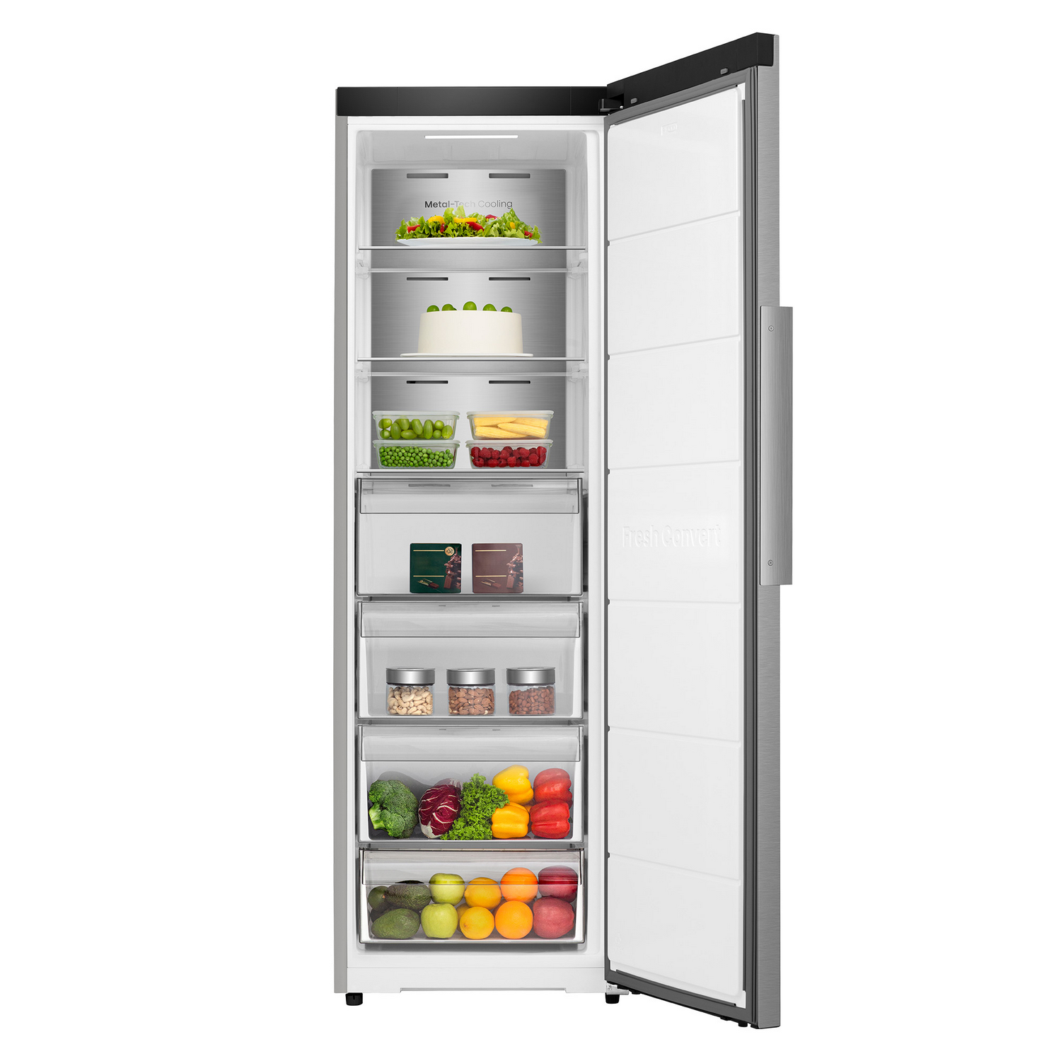 Refrigerador con la puerta abierta, lleno de alimentos.