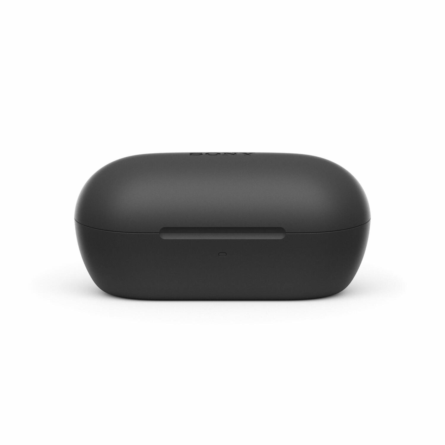 Een gesloten zwarte oordopjescase met het woord SONY erop.