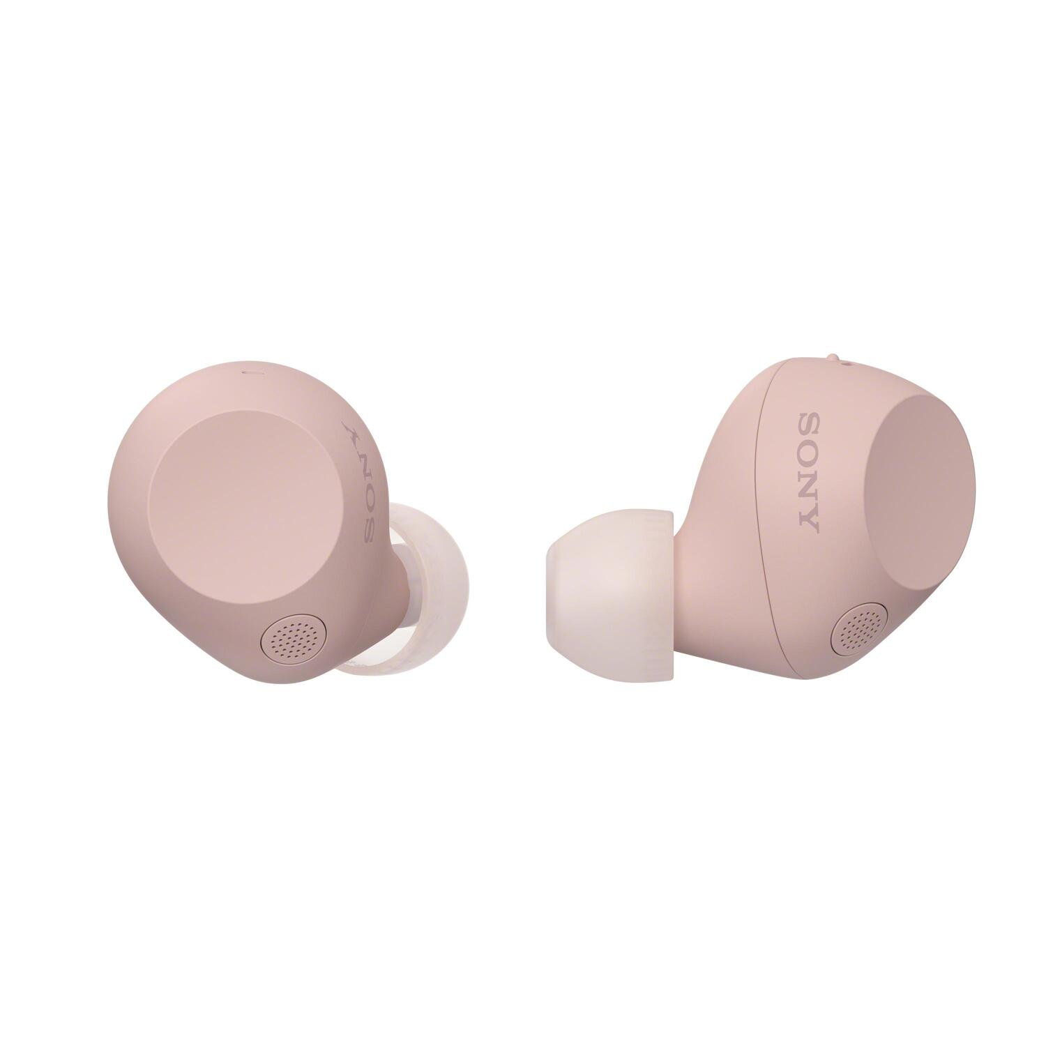 Twee roze Sony oortelefoons. Eén kant toont het Sony-logo.