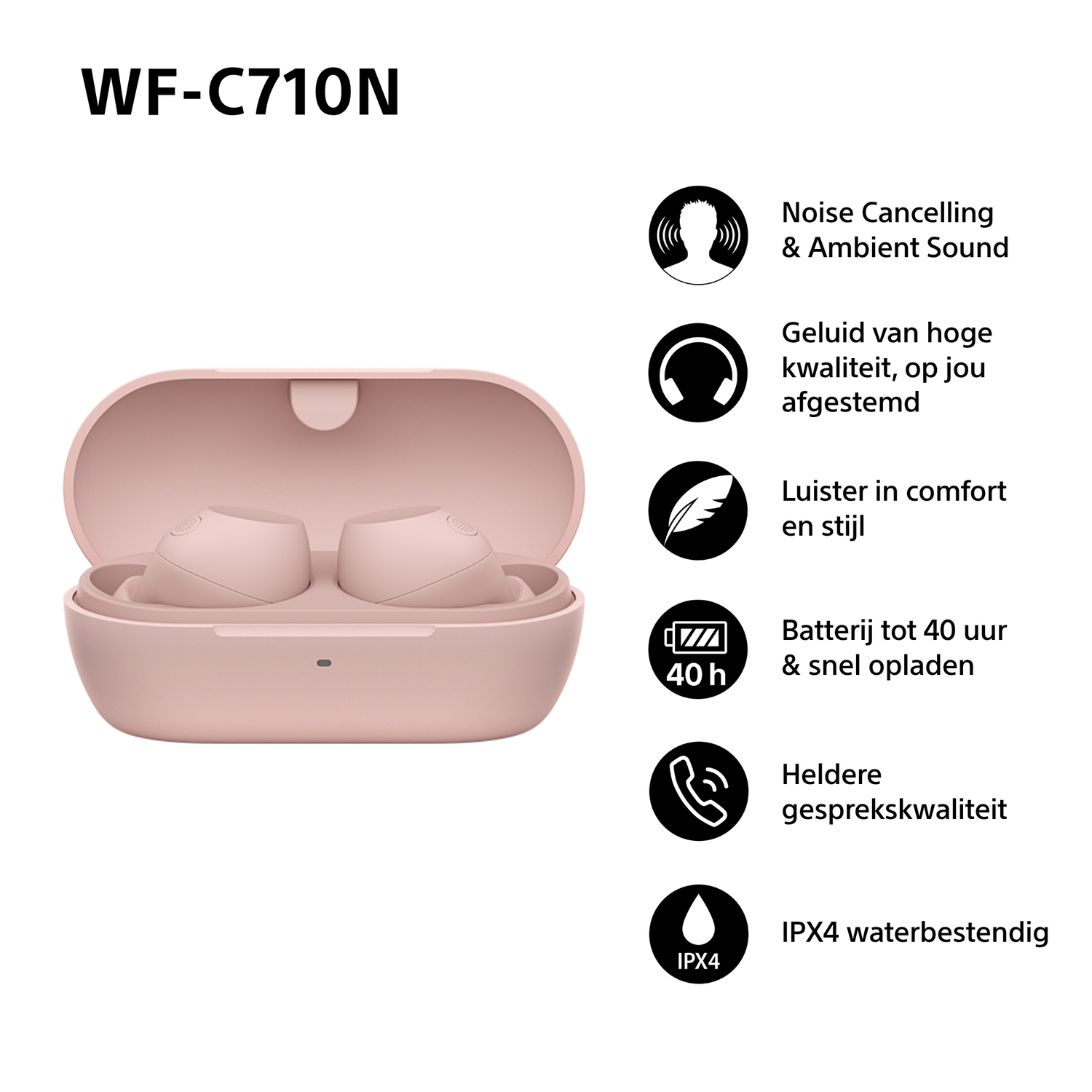 Roze oordopjes in een case met iconen en tekst over functies.