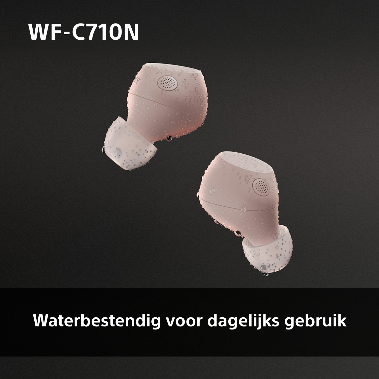 Twee lichtroze oordopjes, met waterdruppels. Tekst: Waterbestendig voor dagelijks gebruik.