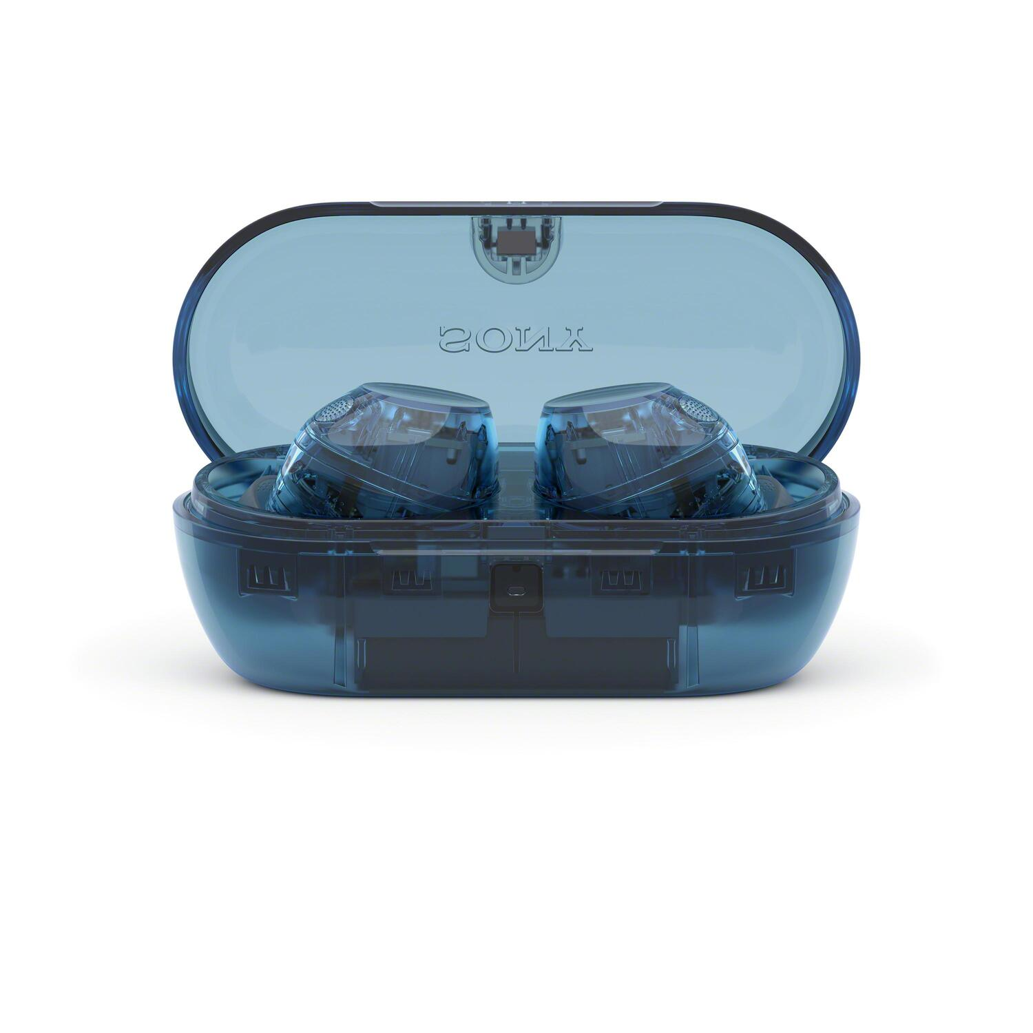 Étui bleu translucide contenant deux écouteurs noirs et transparents.