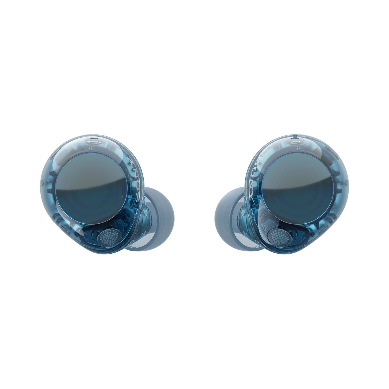 Deux écouteurs Sony bleus, côte à côte, avec embouts gris. Finition transparente et brillante.