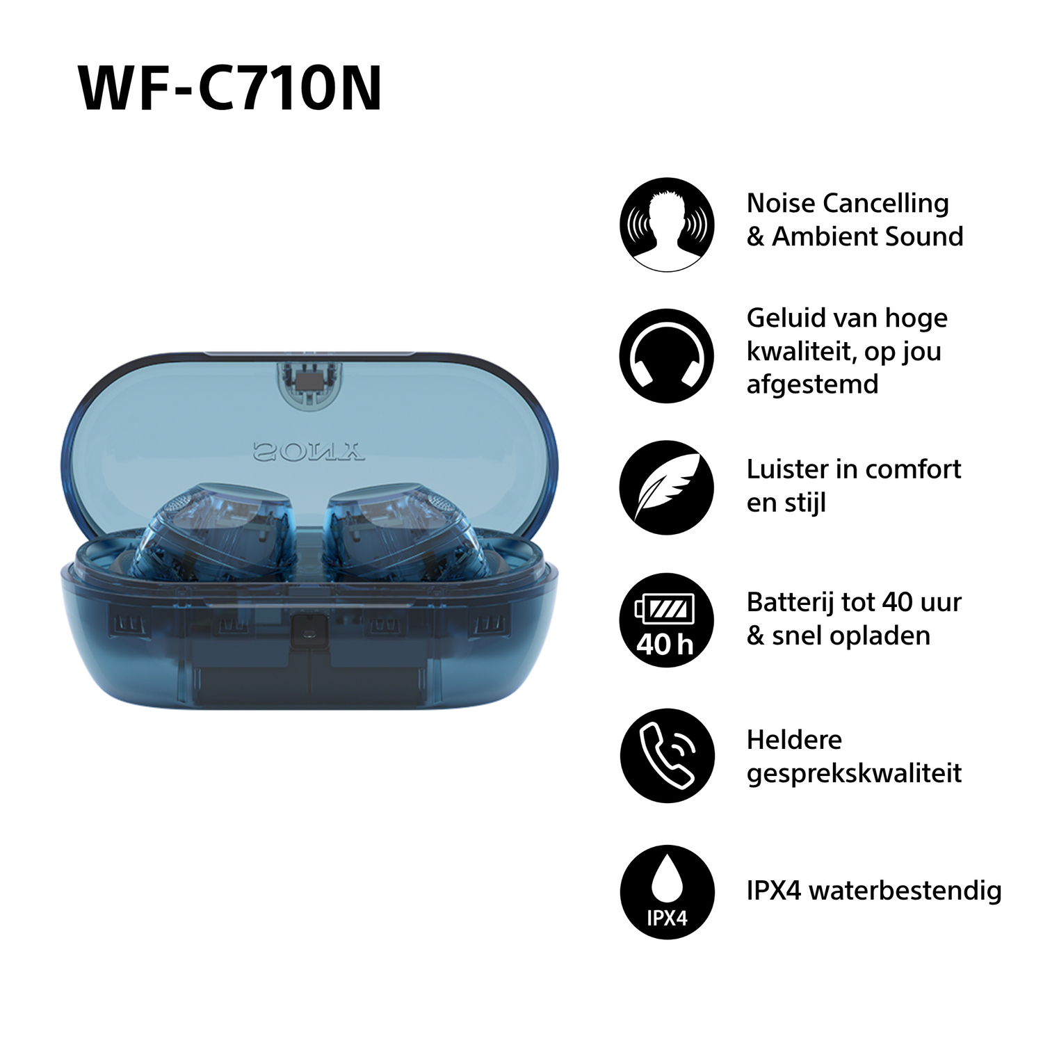 Oortjes in een open, blauw getinte case. Iconen tonen noise cancelling, hoge kwaliteit geluid en 40h batterijduur.