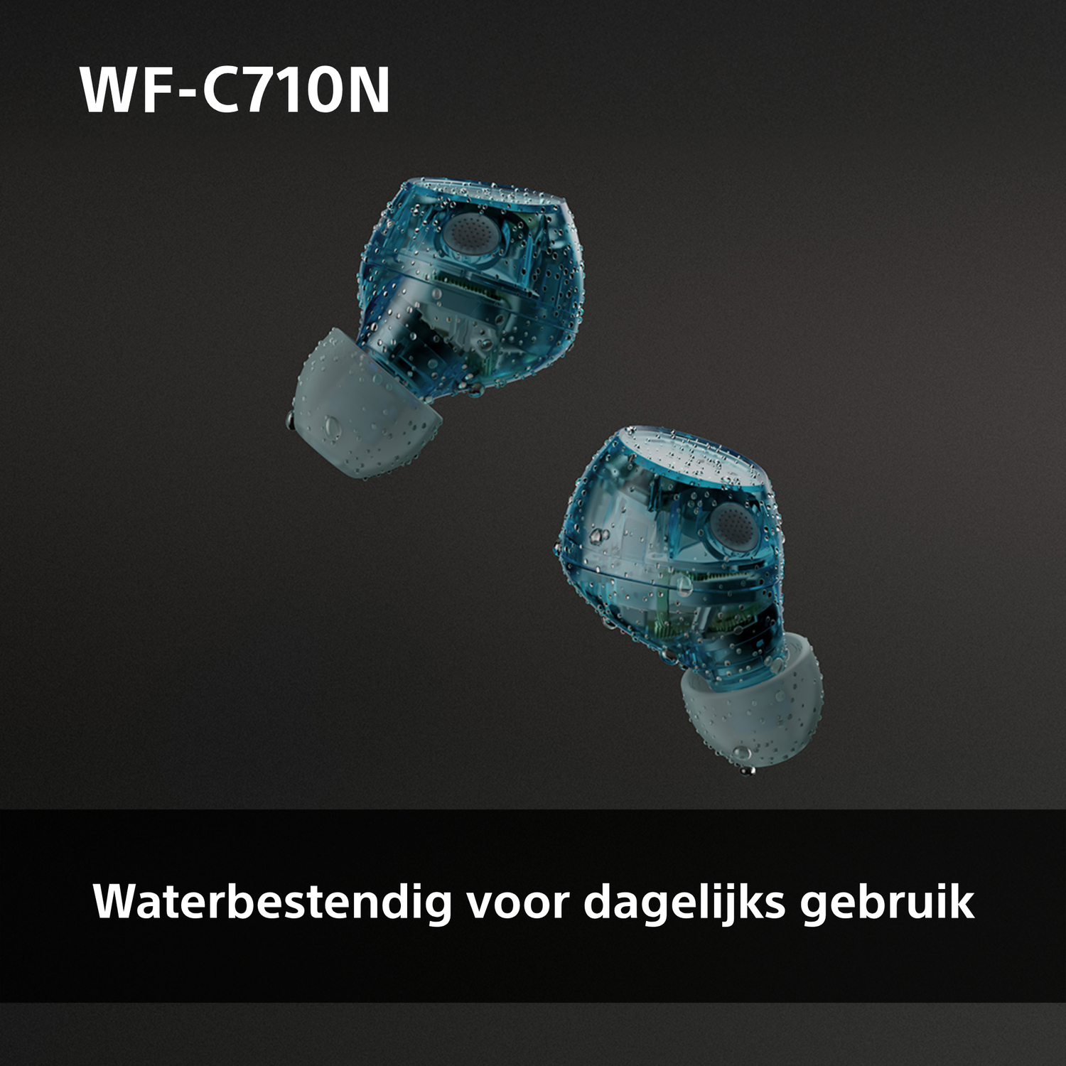 Twee blauwe oortelefoons met een donkere achtergrond. Tekst: 'Waterbestendig voor dagelijks gebruik'.