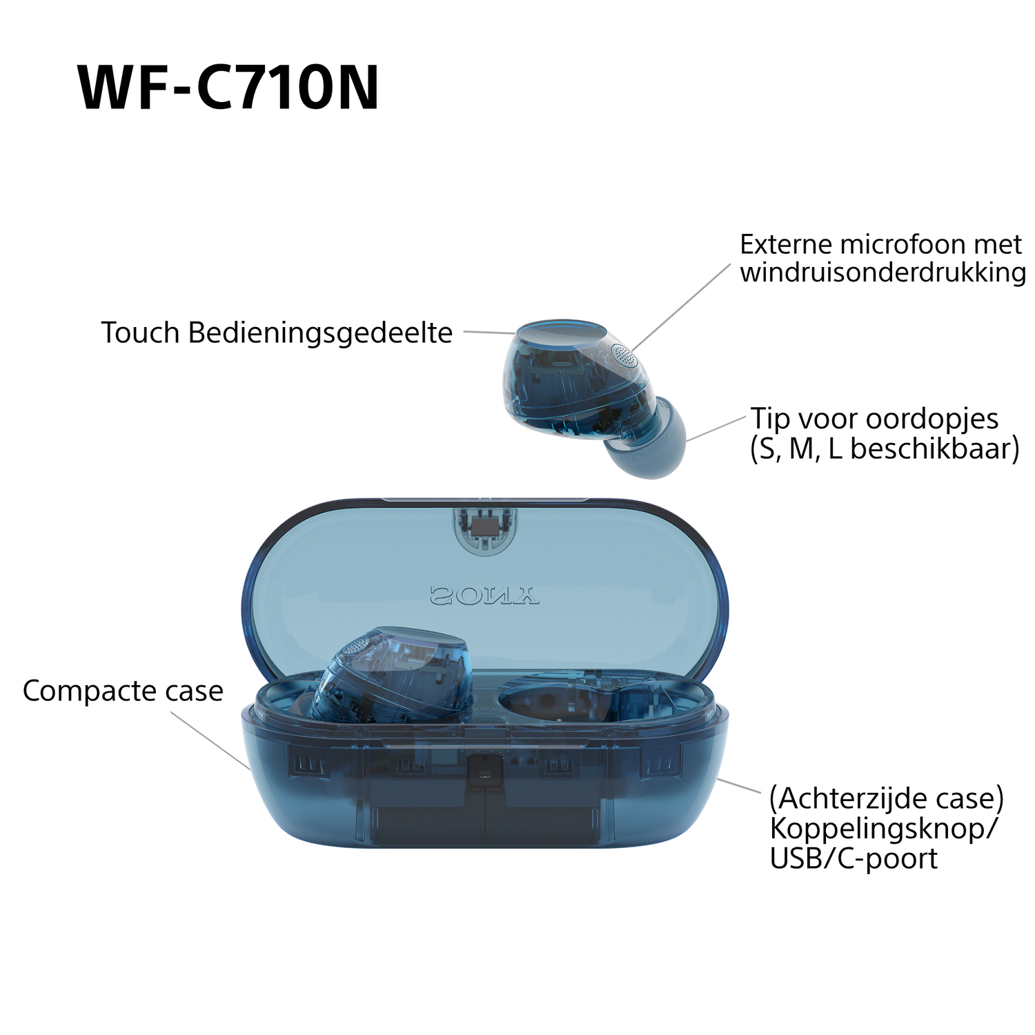 Een exploded view van blauwe oordopjes en de oplaadcase.