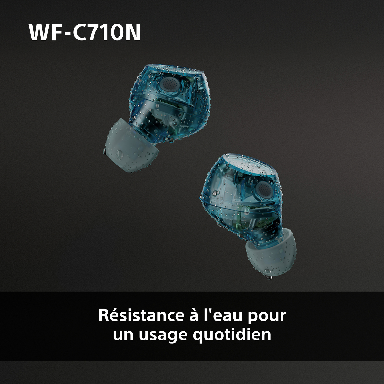 Deux écouteurs bleus avec des gouttelettes d'eau, avec du texte sur la résistance à l'eau.