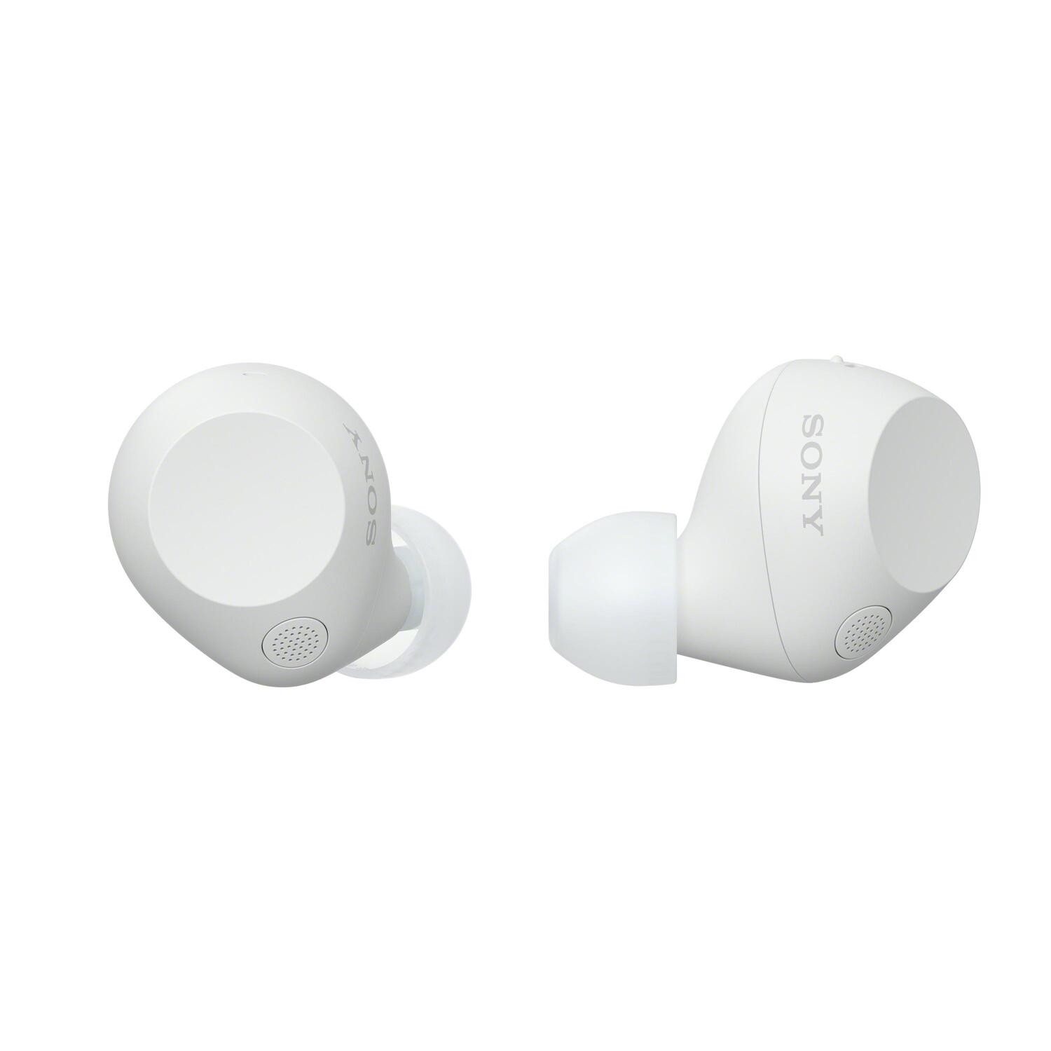 Deux écouteurs Sony blancs. Ils sont ronds avec un petit haut-parleur et un embout en silicone.