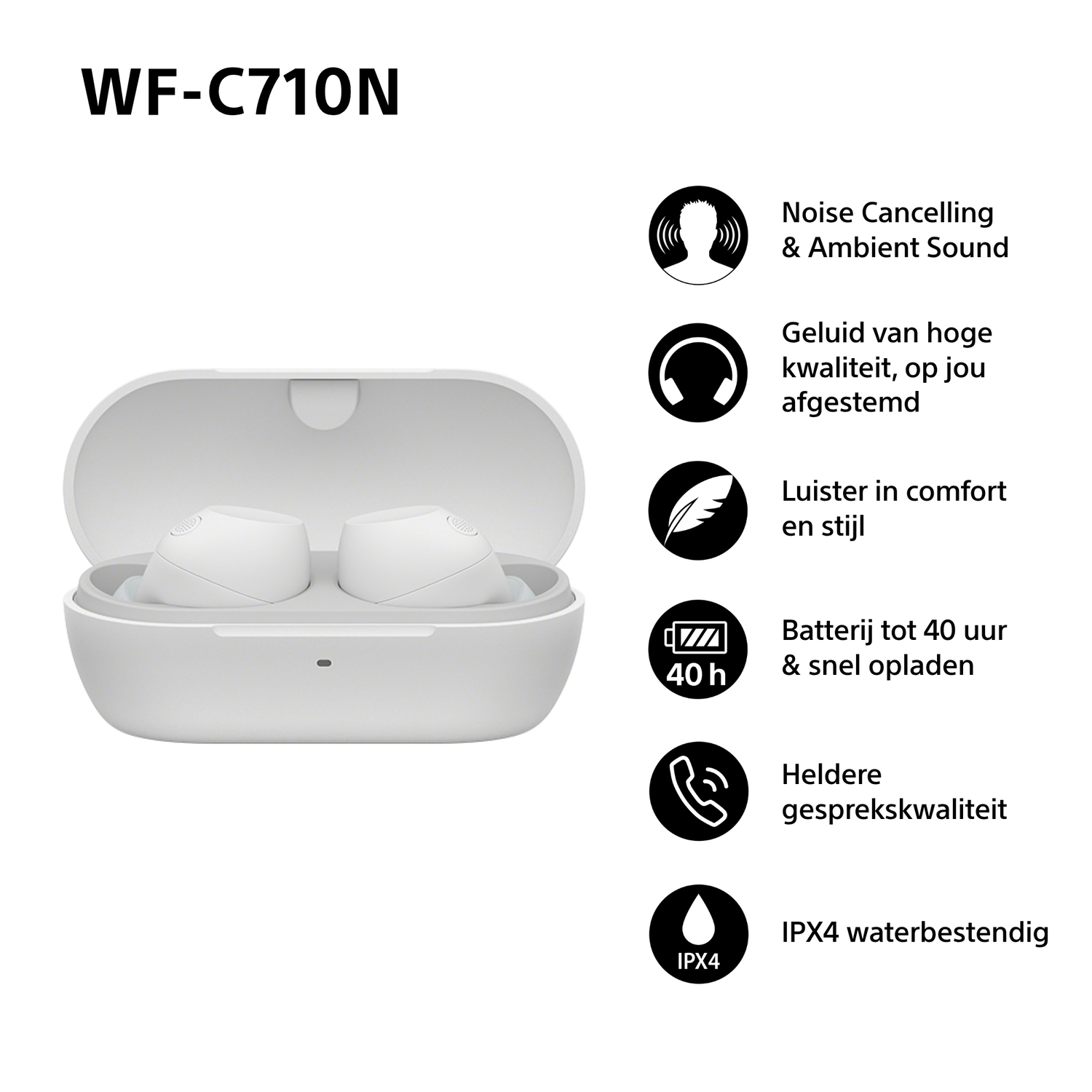 Oortjes in een open witte case. Iconen tonen noise cancelling, hoge kwaliteit geluid en 40h batterijduur.