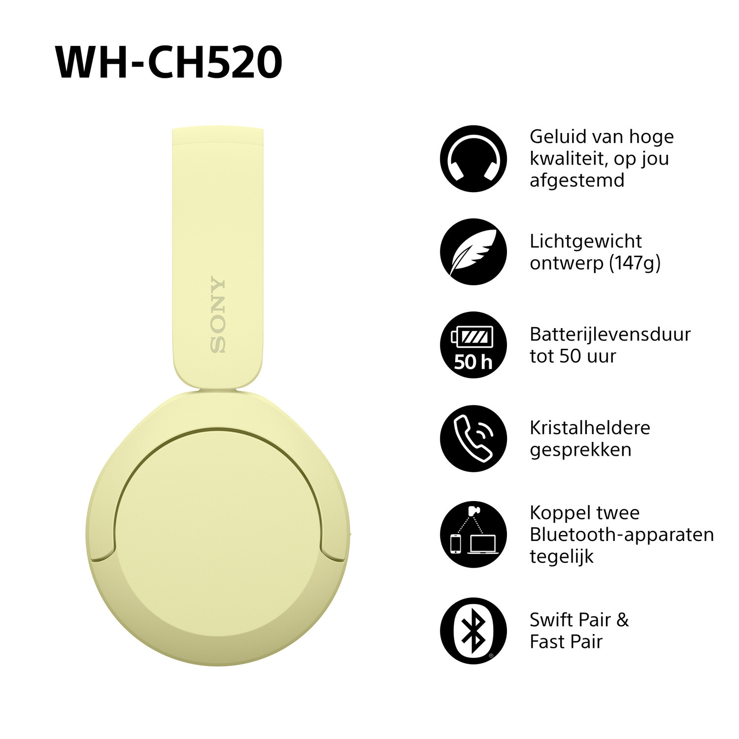Yellow and beige headphones with a white background and some feature icons. 